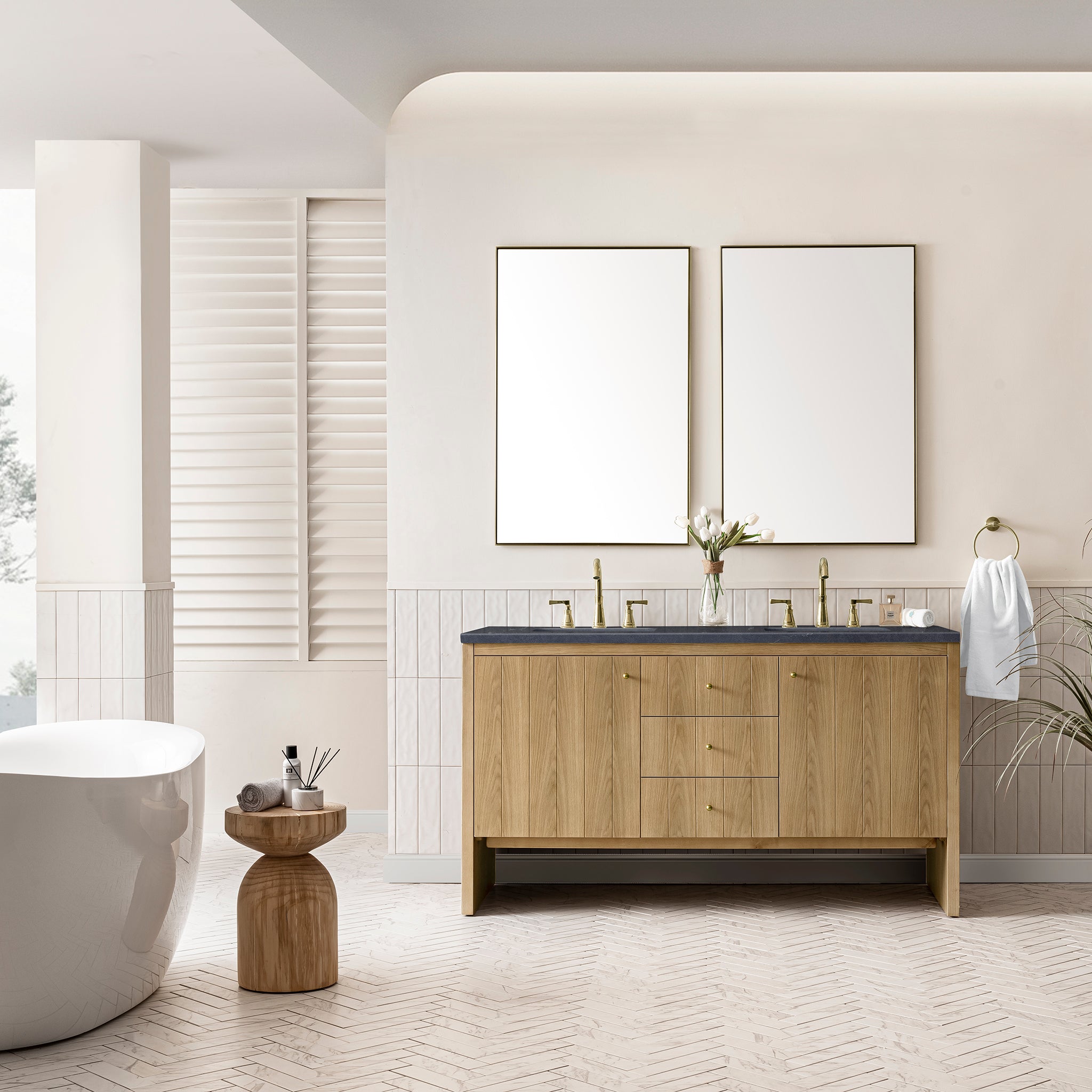 Hudson 60-Inch Double Vanity with Light Natural Oak Finish and 3CM Charcoal Soapstone Top - Perfect for Master Bathroom or Guest Bathroom Renovation