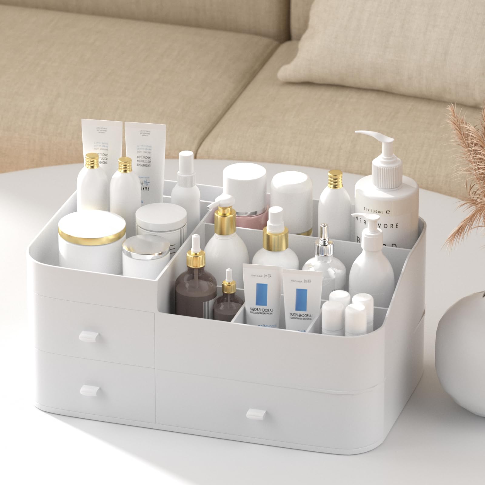 MIUOPUR Large Makeup Organizer with Drawers - Cosmetic Storage for Lipstick, Jewelry, Nail & Skincare Products - Vanity & Bathroom Countertop Organizer - White (Perfect for Bedroom, Dressing Table & Bathroom Organization)