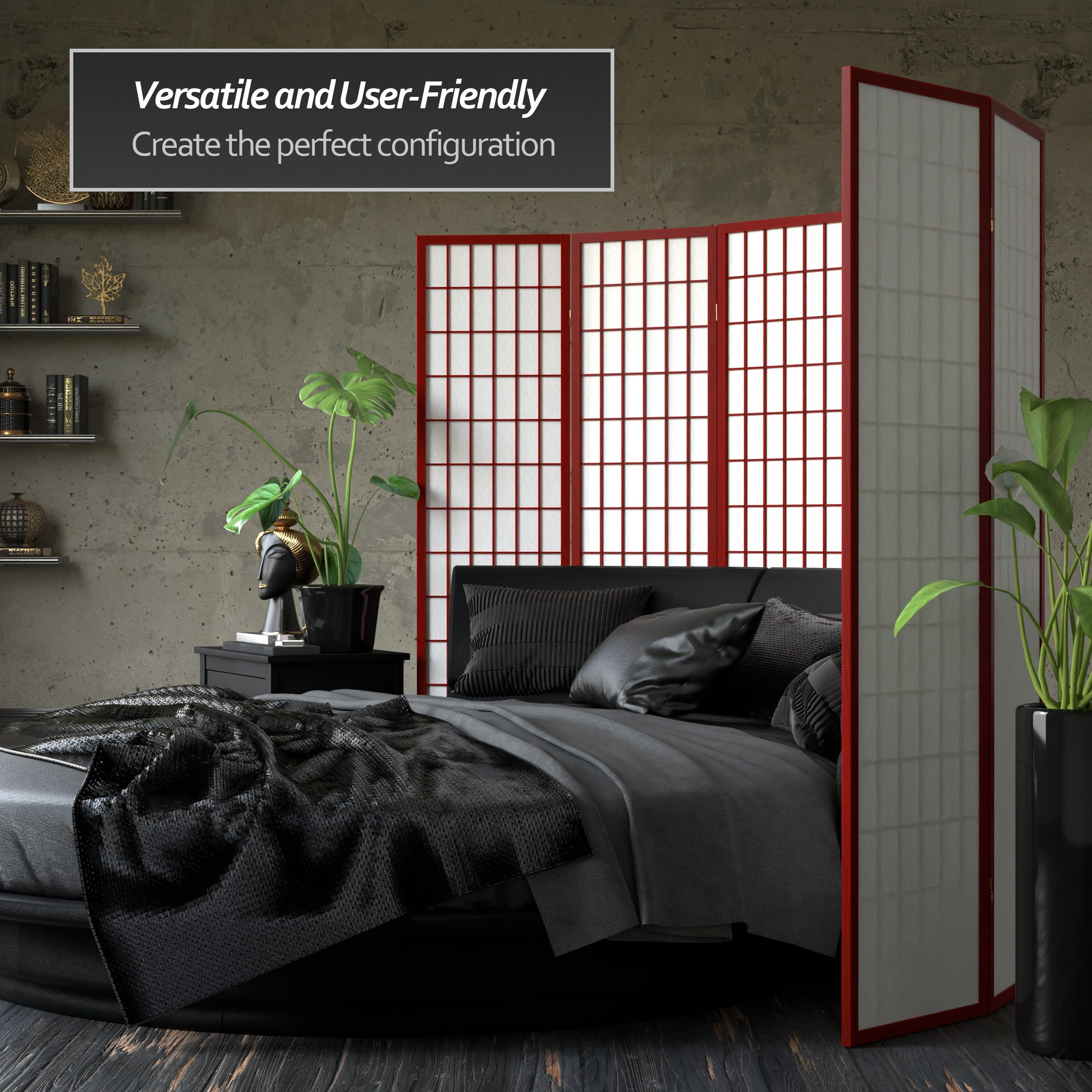 6 ft. Tall Red Lantern Shoji Screen Room Divider - Rosewood Wooden Folding Partition with 3 Panels for Home, Office, and Asian Decor