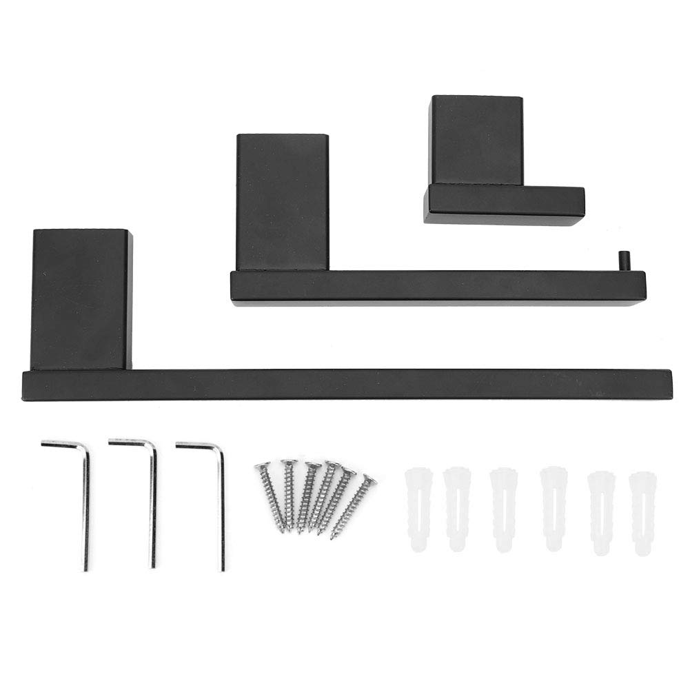 Modern Wall Mounted Towel Holder & Toilet Roll Rack Set - Rustproof Bathroom Accessories with Robe Hook (Black) - Perfect for Bathroom, Kitchen & Laundry Room Organization