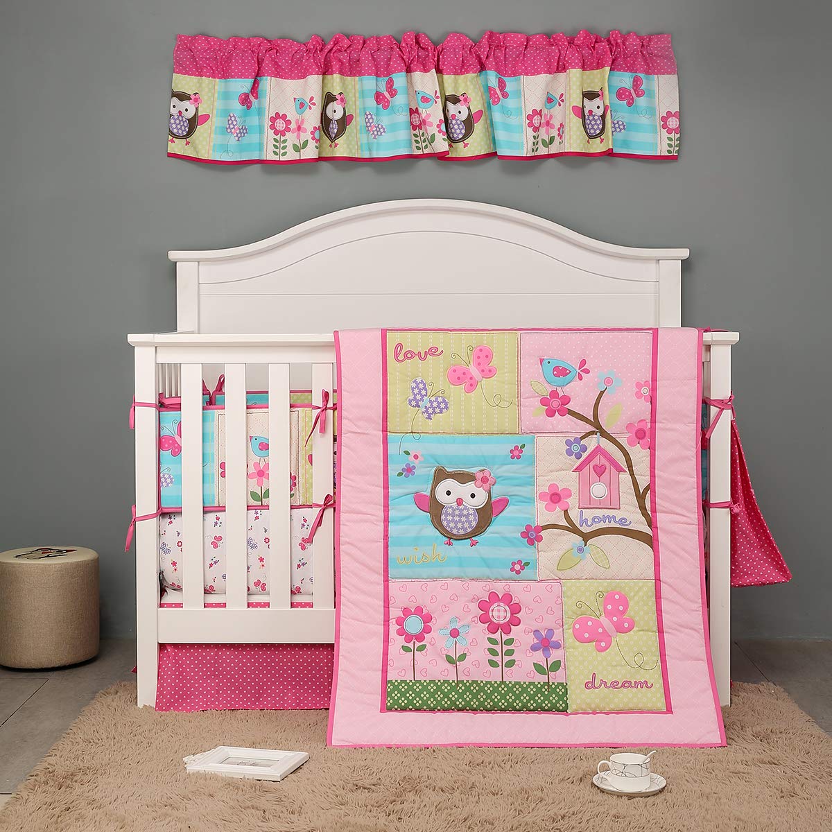 9-Piece Pink Owl Butterfly Birds Nursery Crib Bedding Set - Floral Embroidery Owl & Birdhouse Design for Baby Girl - Perfect for Nursery Decor, Baby Showers & Newborn Gifts