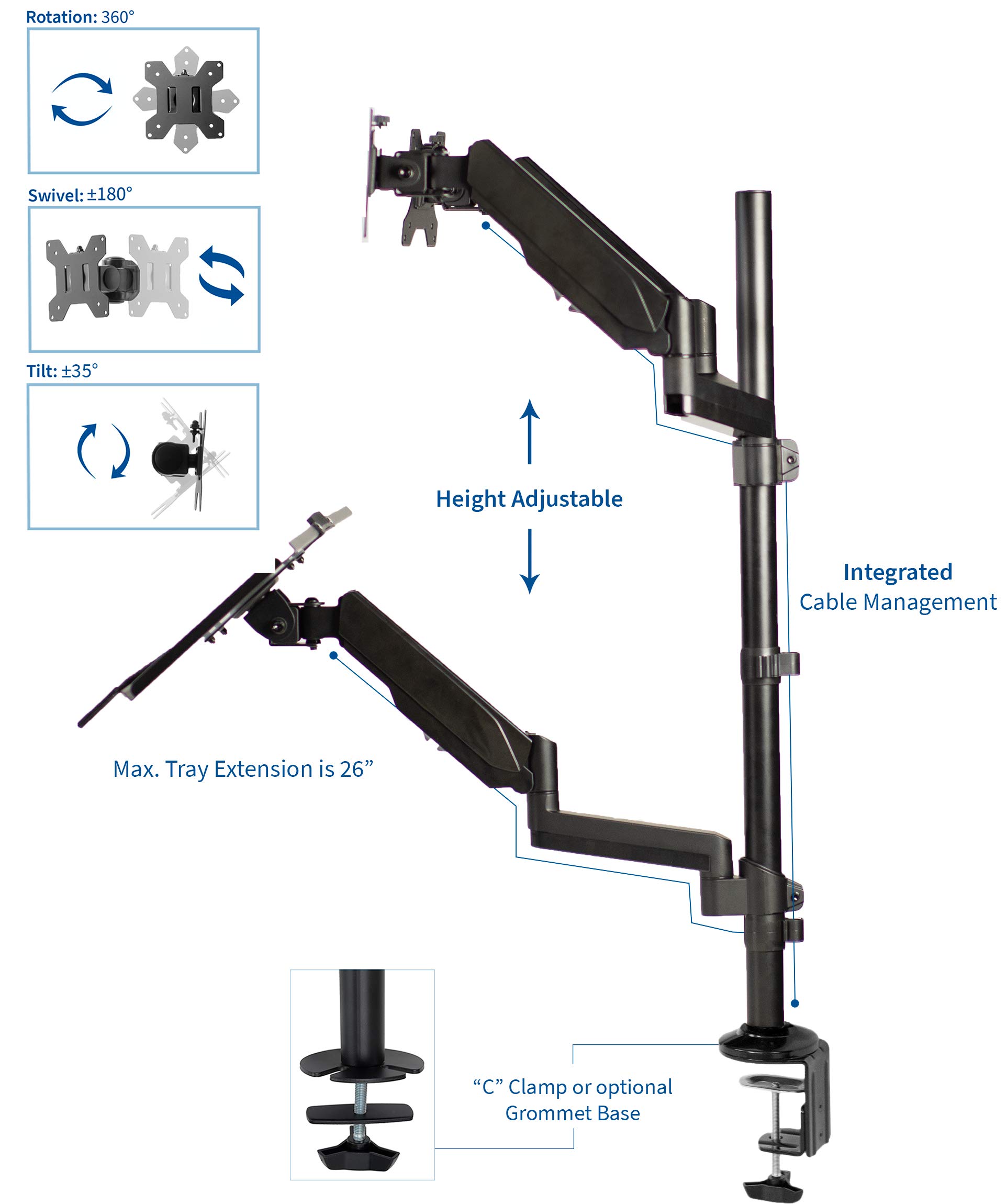 VIVO Black Dual Monitor Stand - Adjustable Height Sit to Stand Workstation with Pneumatic Spring, Holds 2 Screens up to 32 inches - Perfect for Home Office, Gaming Setup & Ergonomic Workspace