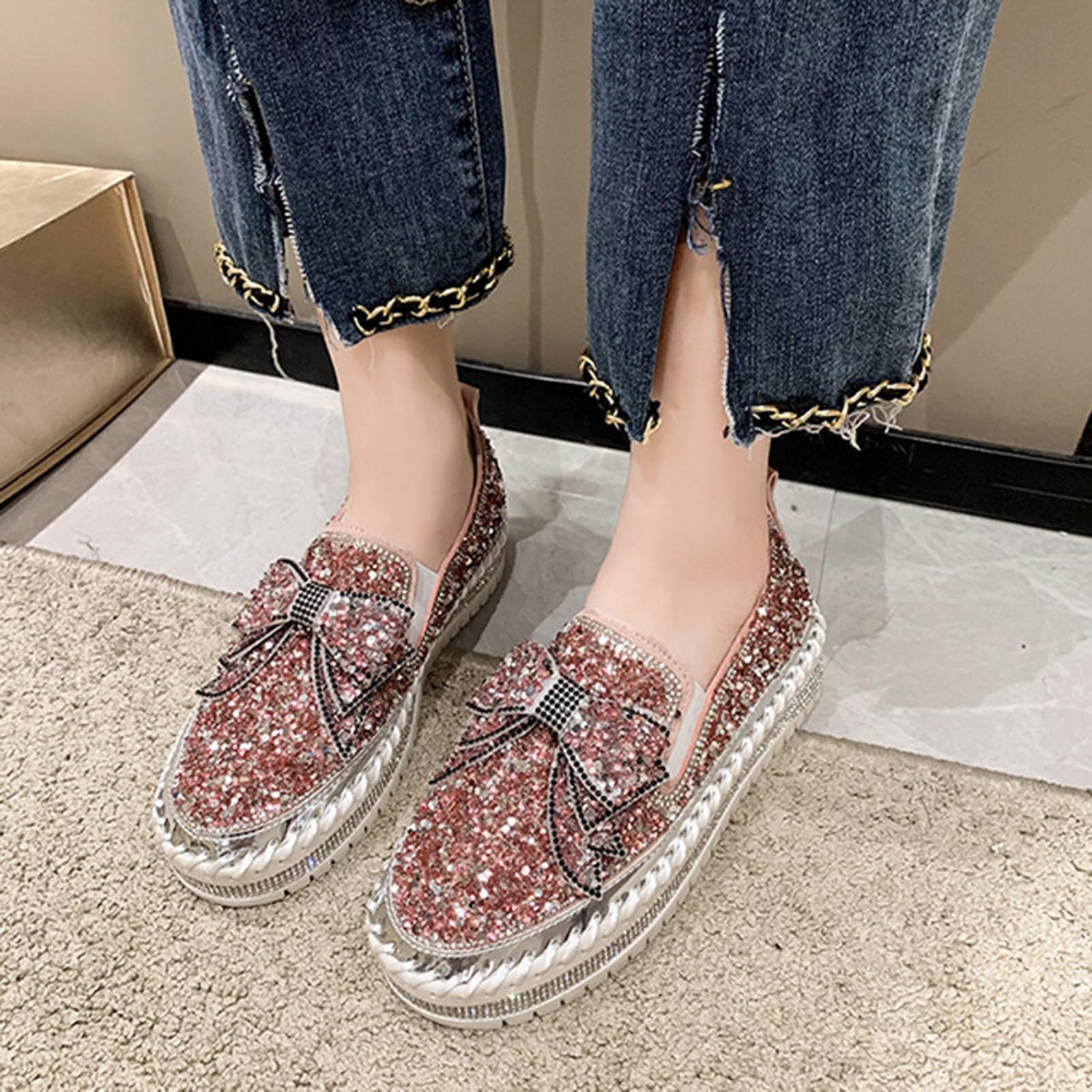 YIBLBOX Women's Rhinestone Glitter Loafers - Cute Bow Platform Sneakers for Casual Wear, Slip On Comfort Shoes for Daily Outfits & Office Fashion