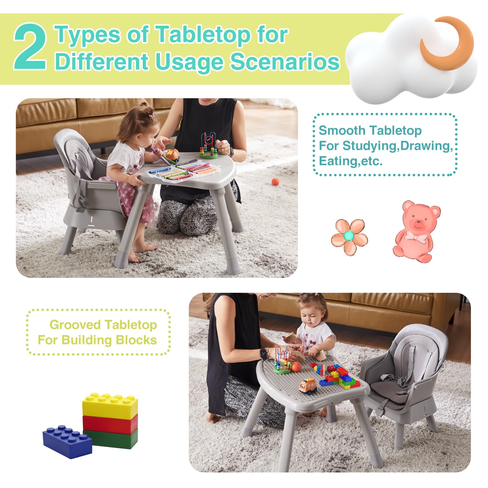 8-in-1 Convertible Baby High Chair with Removable Tray | Multi-Functional Toddler Chair Converts to Kids Table & Chair Set, Building Block Table, Step Stool & Dining Chair (Grey) - Perfect for Feeding, Playtime & Learning Activities