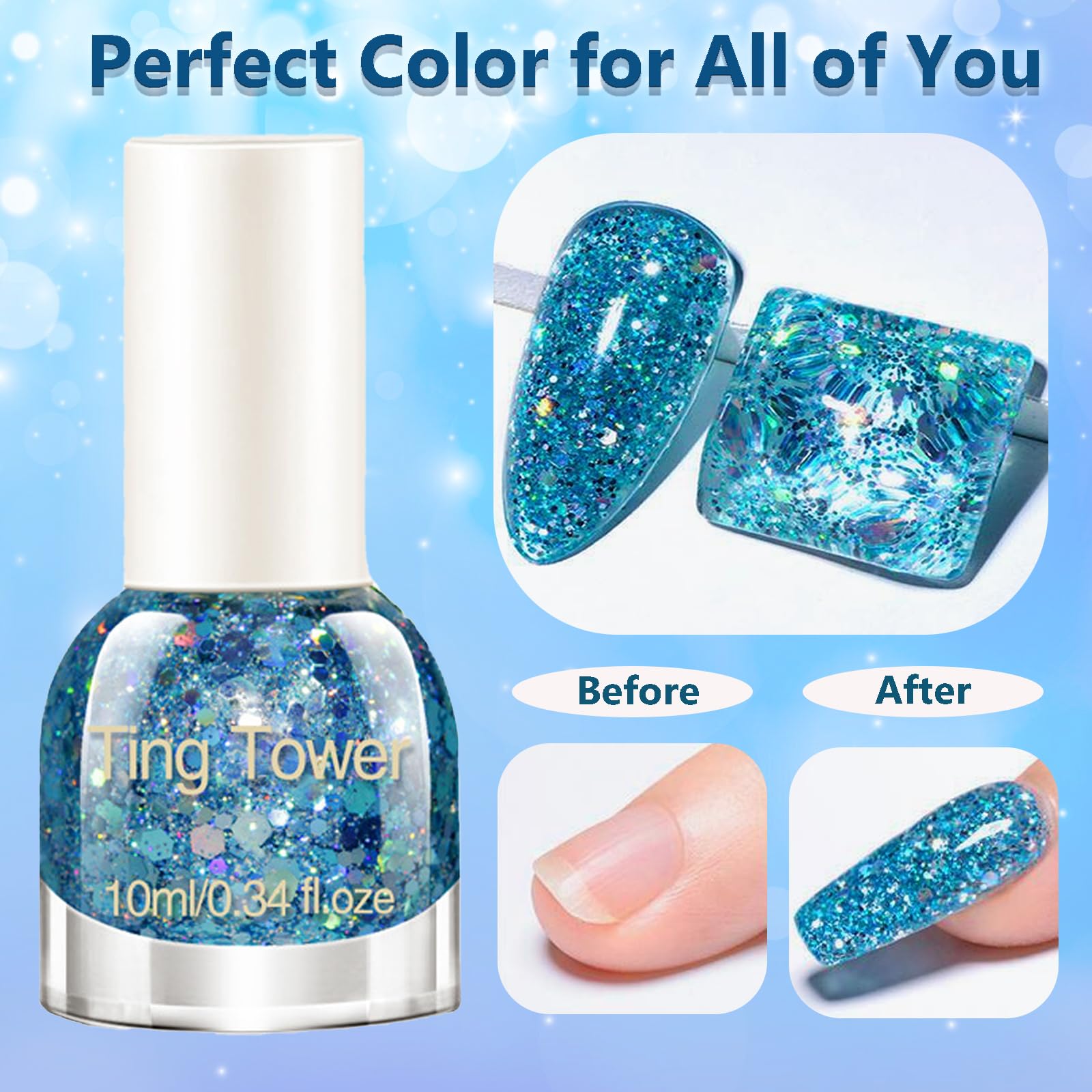 Blue Glitter Nail Polish - 10ML Holographic Rainbow Nail Polish with Iridescent Sparkle - Quick Dry Shimmer Nail Polish for DIY Nail Art - Perfect for Parties, Weddings, and Special Occasions