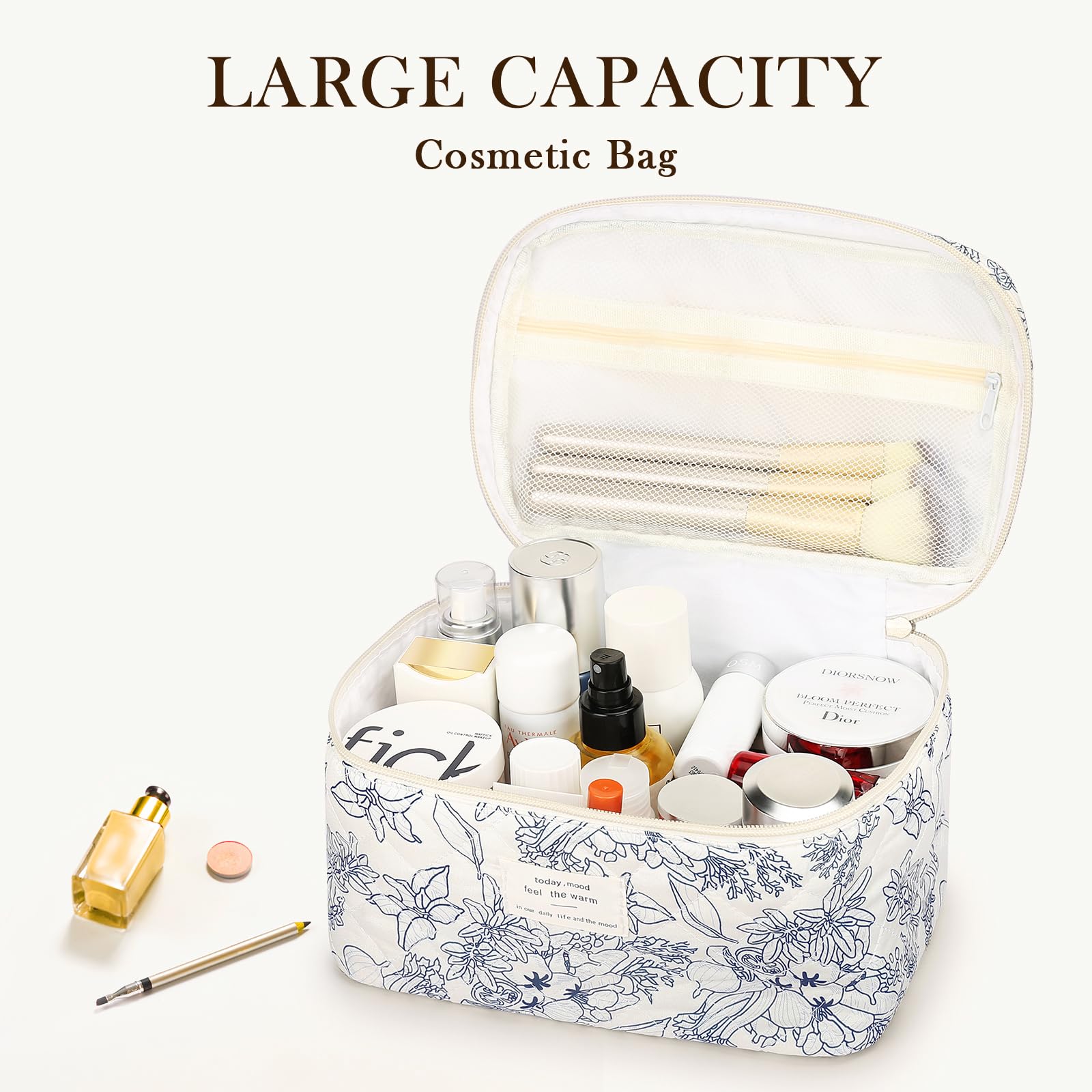 Mossio Large Floral Quilted Cotton Makeup Bag - Cute Cosmetic Organizer for Women & Girls, Travel Toiletry Pouch, Navy Blue - Perfect for Travel, Gym, and Daily Beauty Essentials