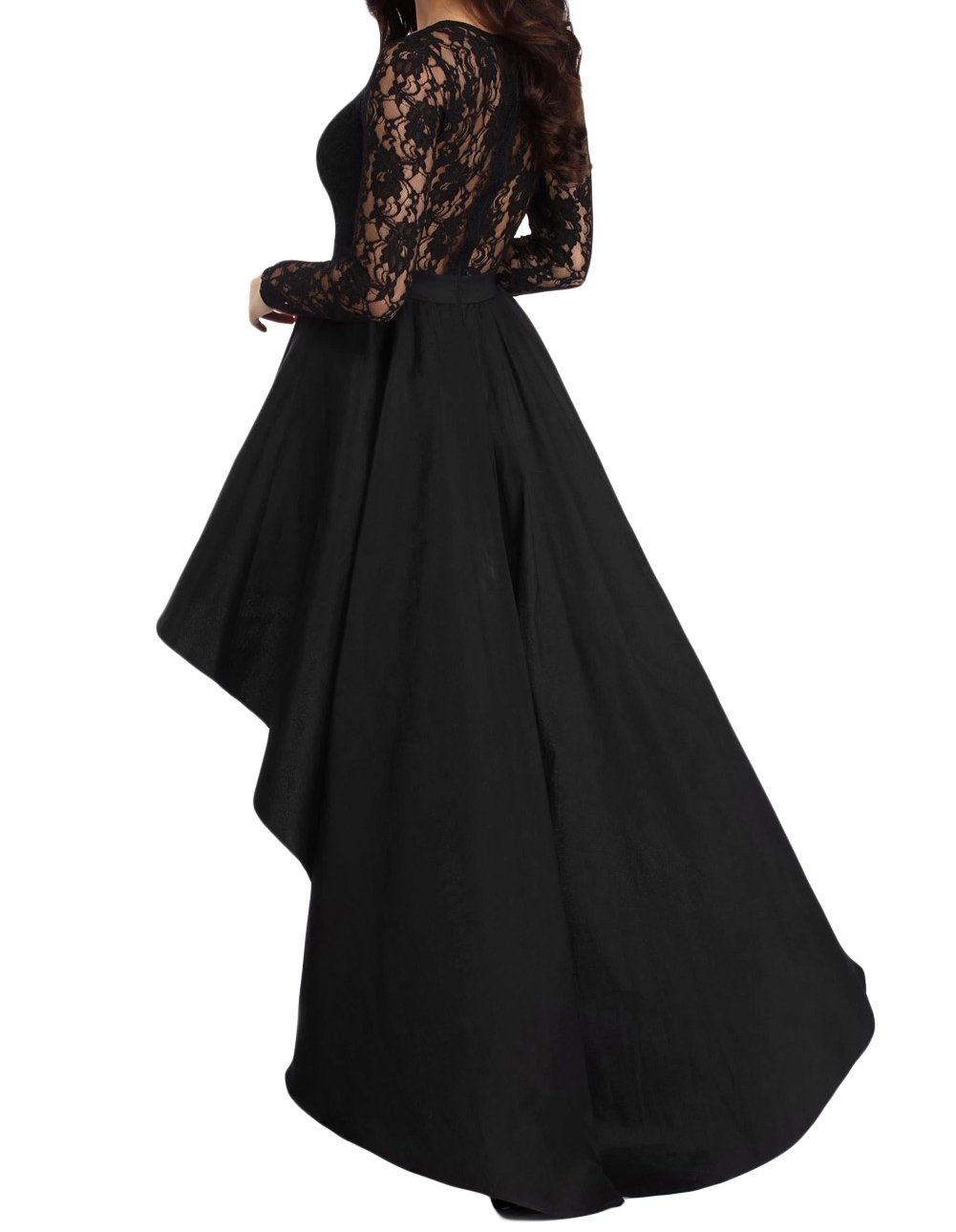Sexy Black Long Sleeve Lace High-Low Satin Prom Dress for Women | US Size 12-14 (Large) | Perfect for Evening Parties, Homecoming, and Special Occasions