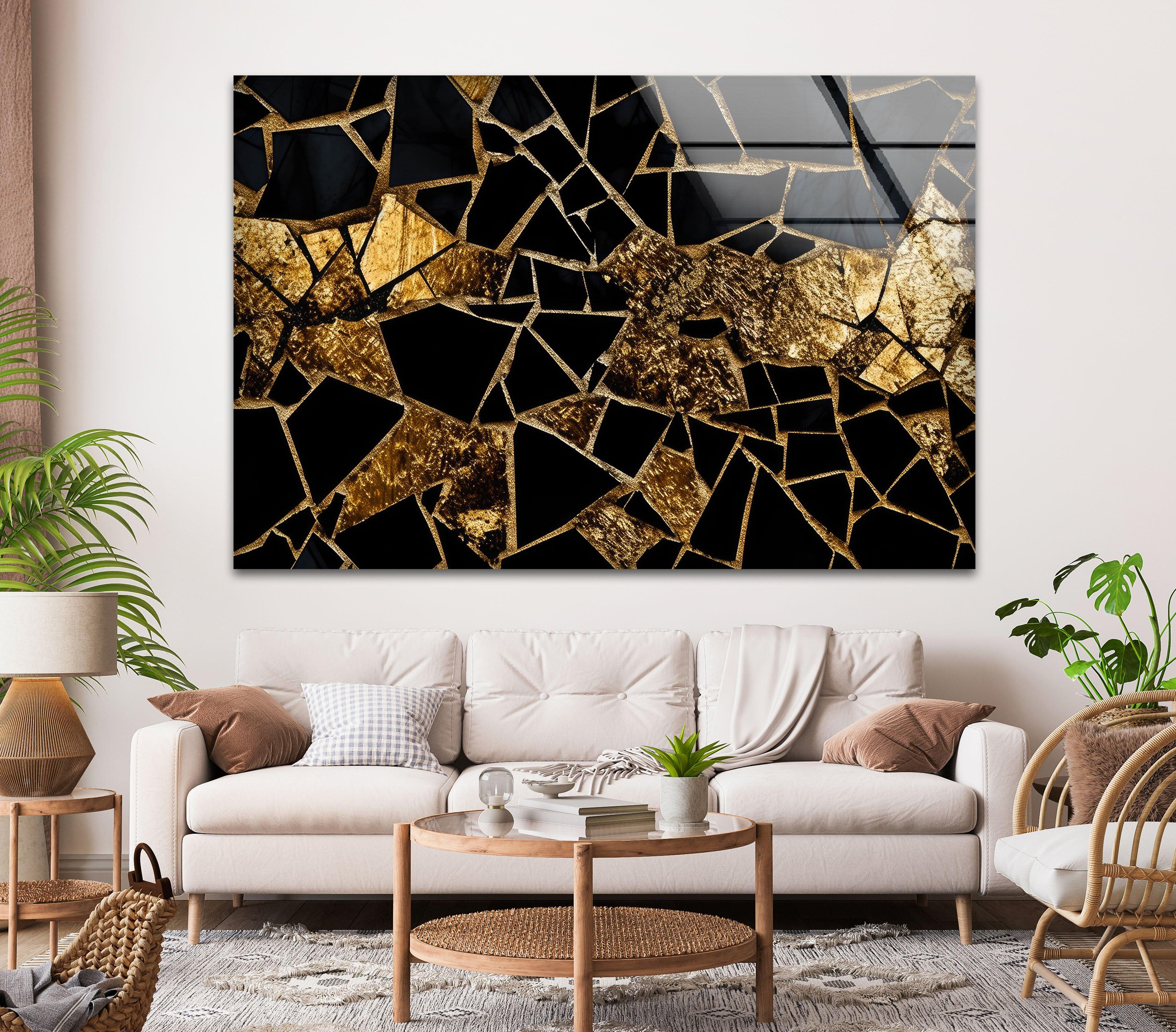 Elegant Black and Gold Stained Glass Wall Art - Handcrafted Marble Mosaic Decor for Living Room, Bedroom, or Office - Perfect for Home & Interior Design