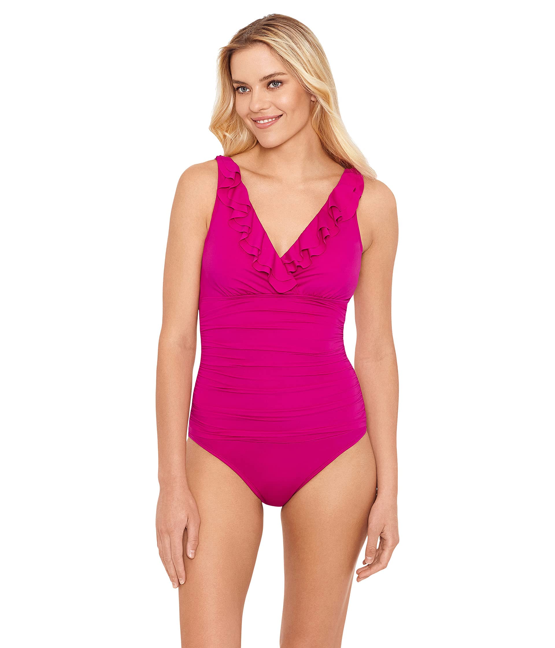 Lauren Ralph Lauren Women's Solid Ruffle Surplice One-Piece Swimsuit | Beach Club Collection | Perfect for Pool, Vacation & Summer Getaways