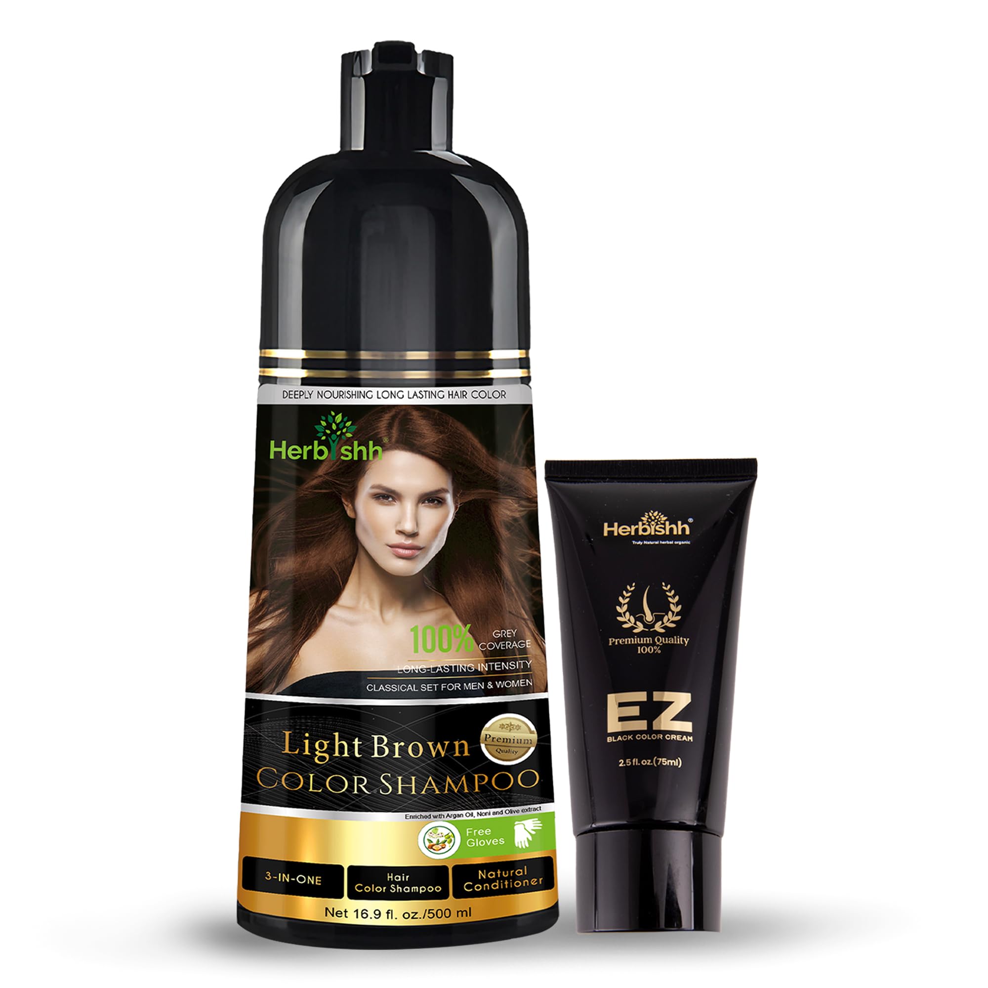 Herbishh Light Brown Hair Color Shampoo for Gray Coverage - 500ml with Gray Hair Color Cream | Natural-Looking Results for Home Use & Salon-Quality Touch-Ups