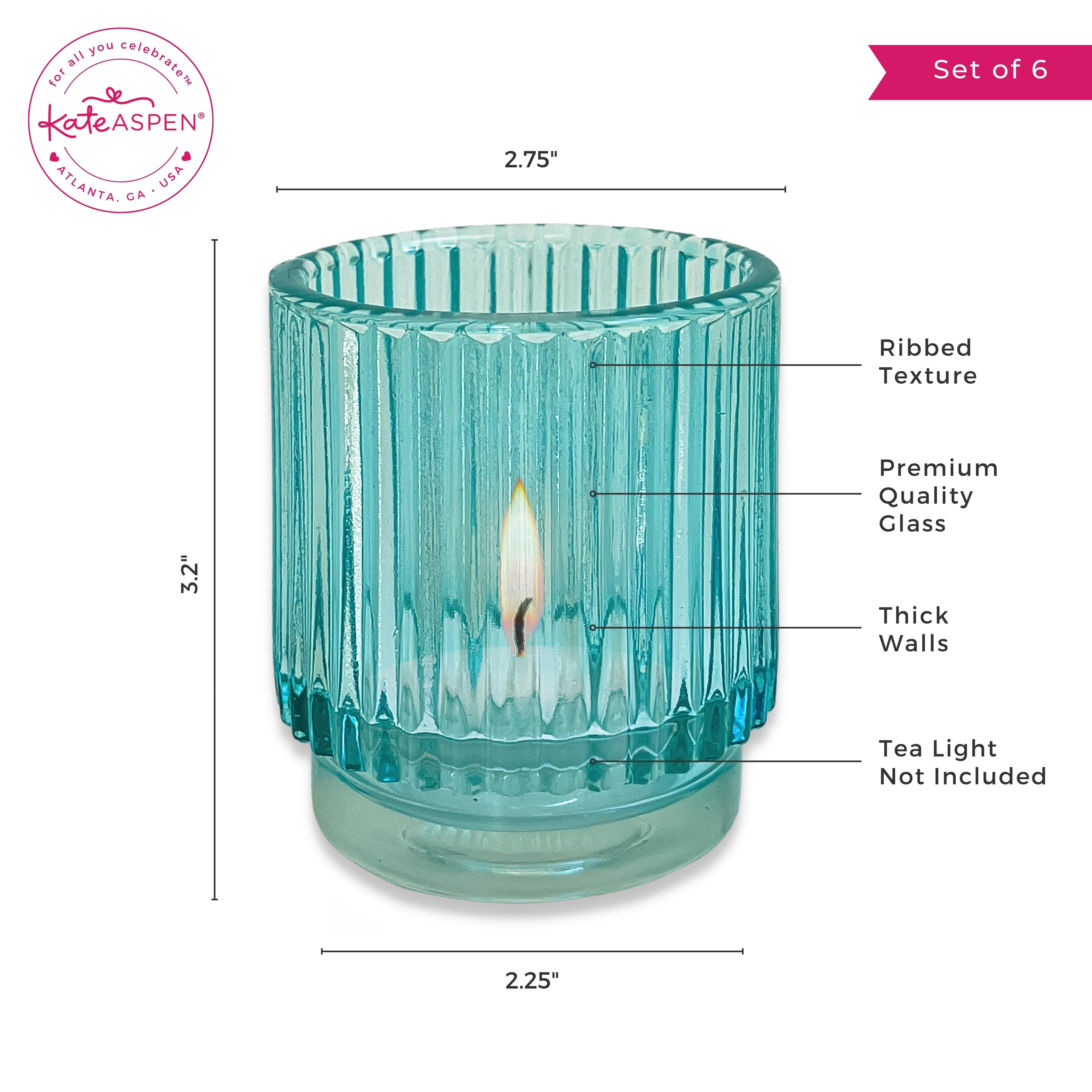 Elegant Ribbed Blue Glass Votive Candle Holders - Set of 6 for Home Decor, Wedding Centerpieces & Romantic Ambiance