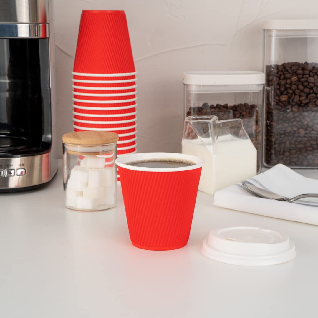 Restaurantware 8oz Insulated Coffee Cups with Lids - 400 Pack Leakproof Ripple Wall Hot Cups | Disposable Red Paper Coffee Cups for Tea, Hot Cocoa & Lattes | Perfect for Cafes, Offices & Catering Events