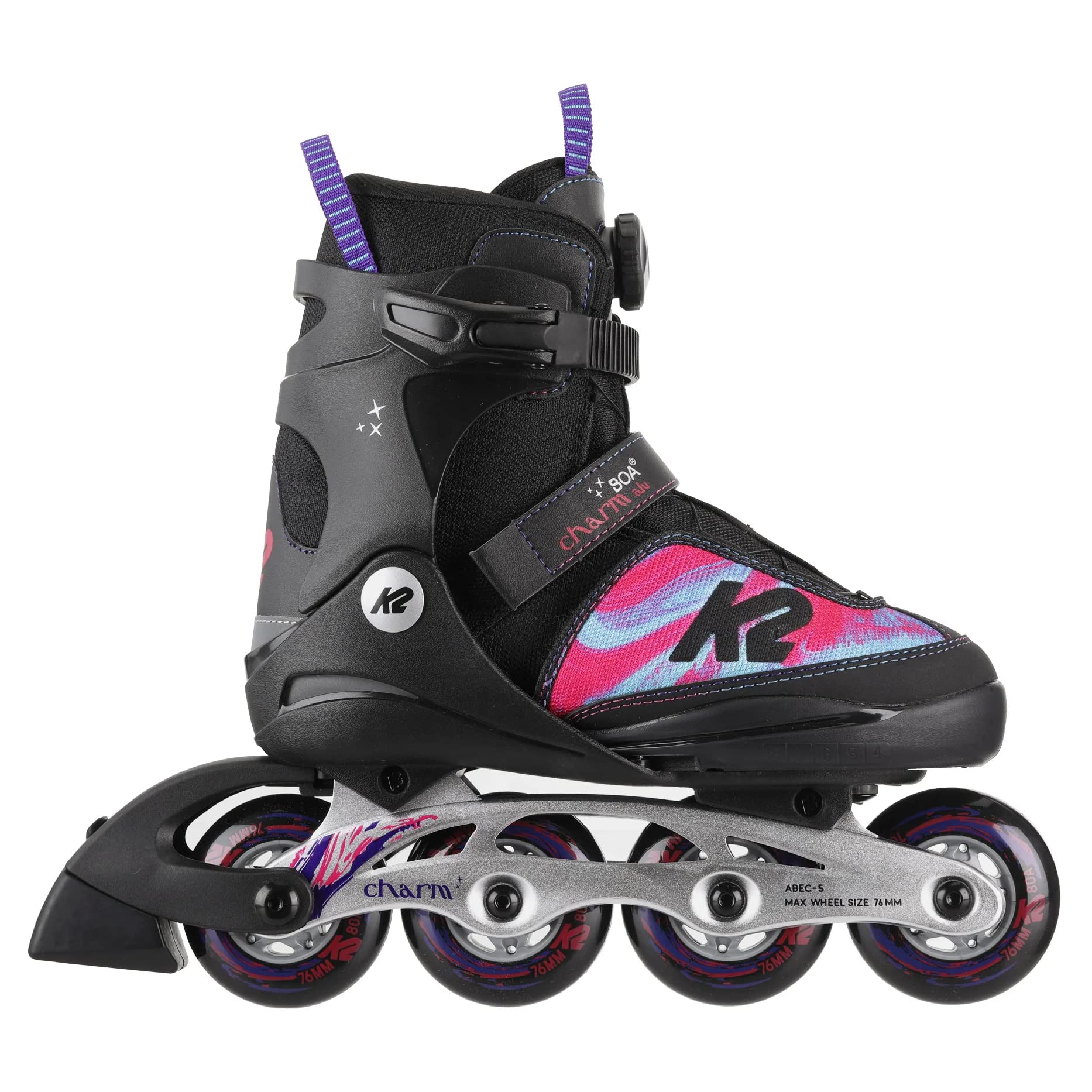 K2 Charm Boa ALU Girls Adjustable Inline Skates - Lightweight Roller Skates for Kids with Boa Closure System - Perfect for Outdoor Skating, Park Rides & Family Fun Activities