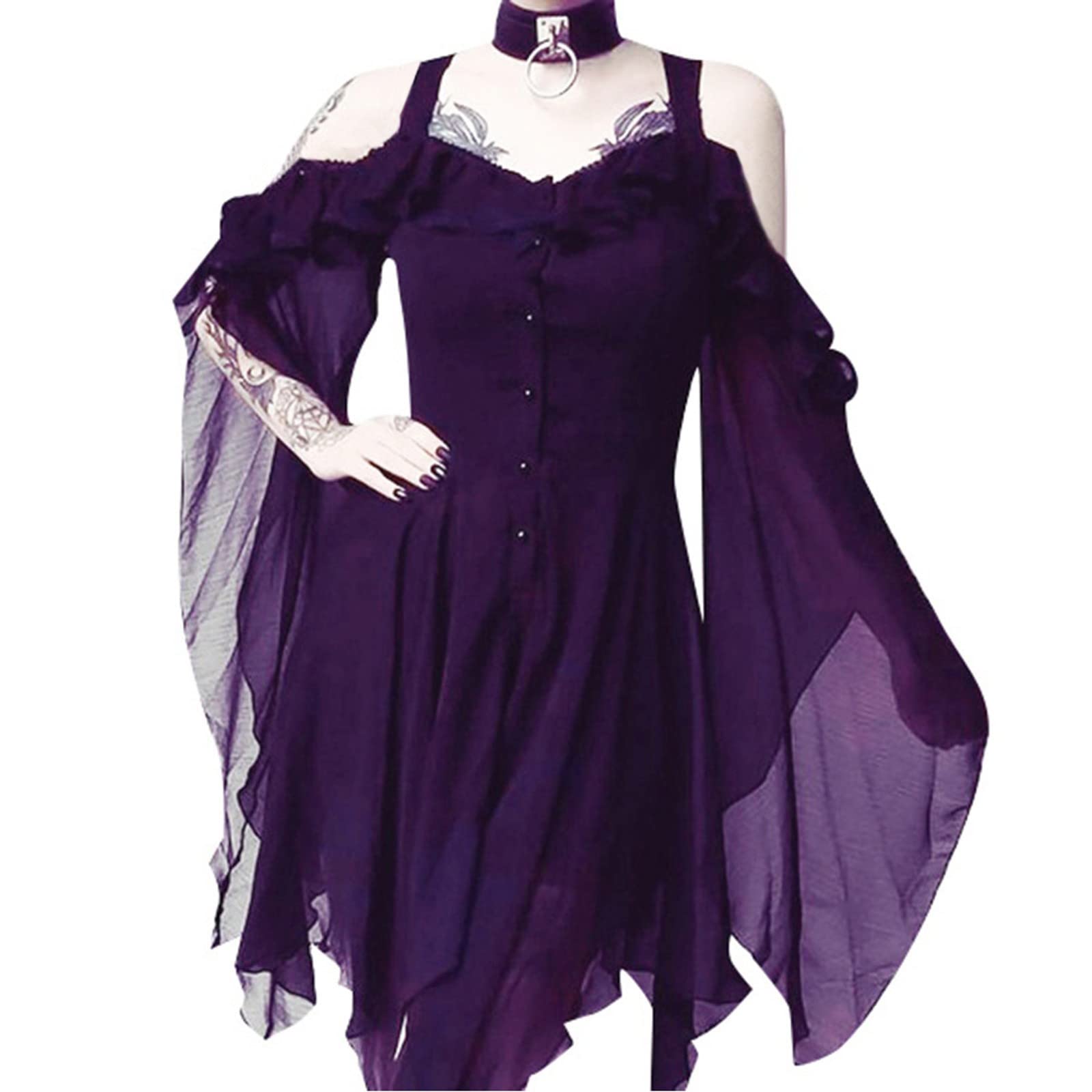 Gothic Victorian Lace Dress for Women - Elegant Renaissance Masquerade Ball Gown with Flare Sleeves | Witchy Halloween Costume & Medieval Themed Party Dress | Perfect for Cosplay, Halloween Parties, and Gothic Weddings