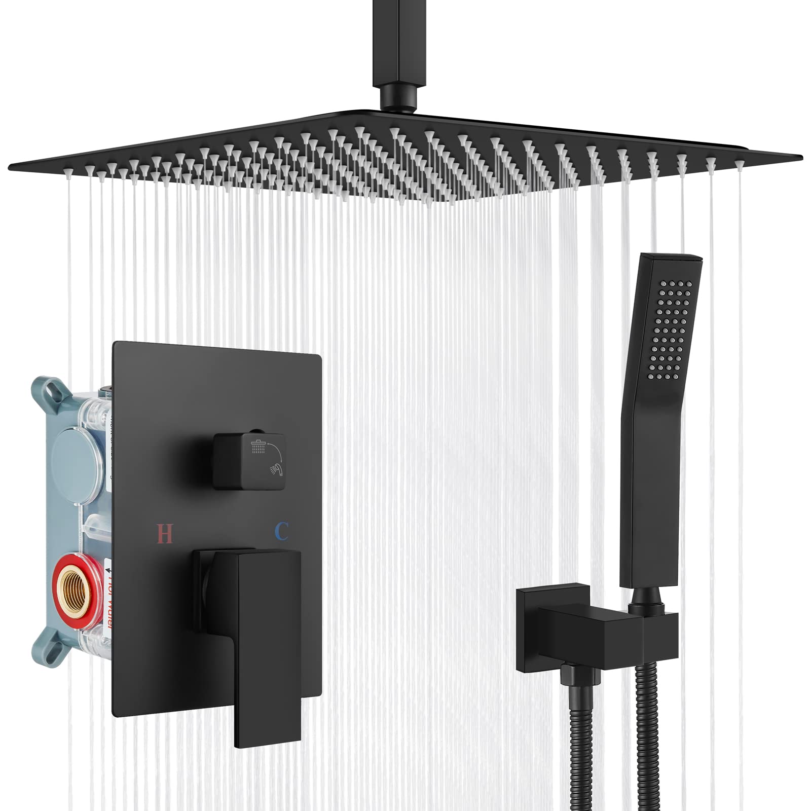 Gotonovo 16 Inch Matte Black Rain Shower Head with Handheld Spray - Luxury High Pressure Ceiling Mount Shower Combo Set with Mixer Faucet, Rough-in Valve & Trim | Perfect for Modern Bathroom Renovation & Spa-Like Shower Experience