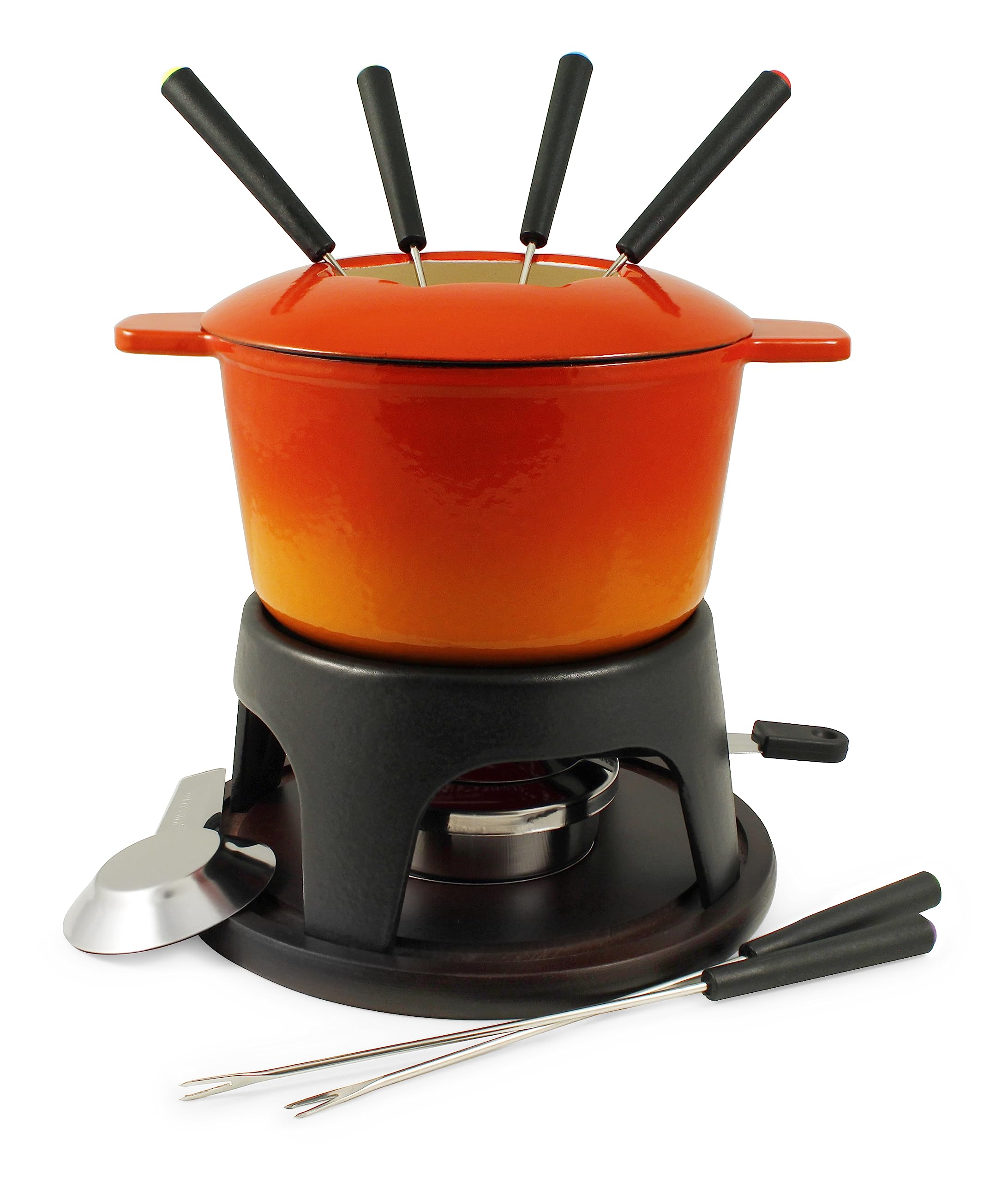 Swissmar Sierra 1.6 Quart Cast Iron Fondue Set - Premium Cheese, Meat & Chocolate Fondue Pot - 12-Piece Gradient Orange Kit for Family Gatherings, Dinner Parties & Romantic Date Nights - Perfect Gift for Hosts & Home Chefs