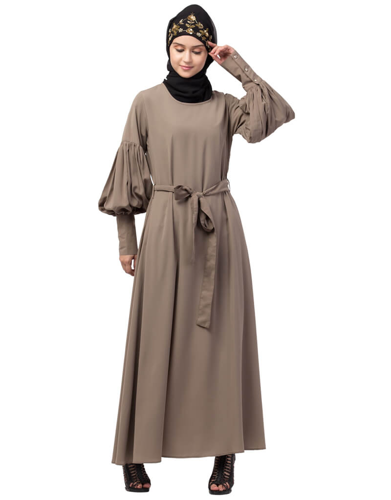 Elegant Arabic Long Cuff Full Balloon Sleeve Belted A-Line Abaya Dress in Khaki - Perfect for Modest Fashion, Islamic Prayer & Special Occasions