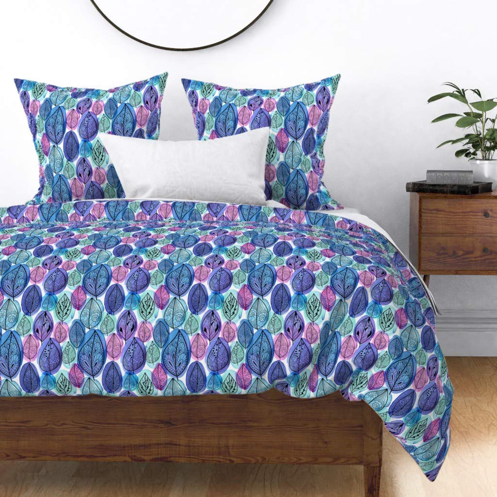 Premium Cotton Sateen Duvet Cover King/California King - Watercolor Leaf Doodle Pattern in Teal & Purple | Forest Fall Feminine Bedding Set for Cozy Autumn Bedroom Decor
