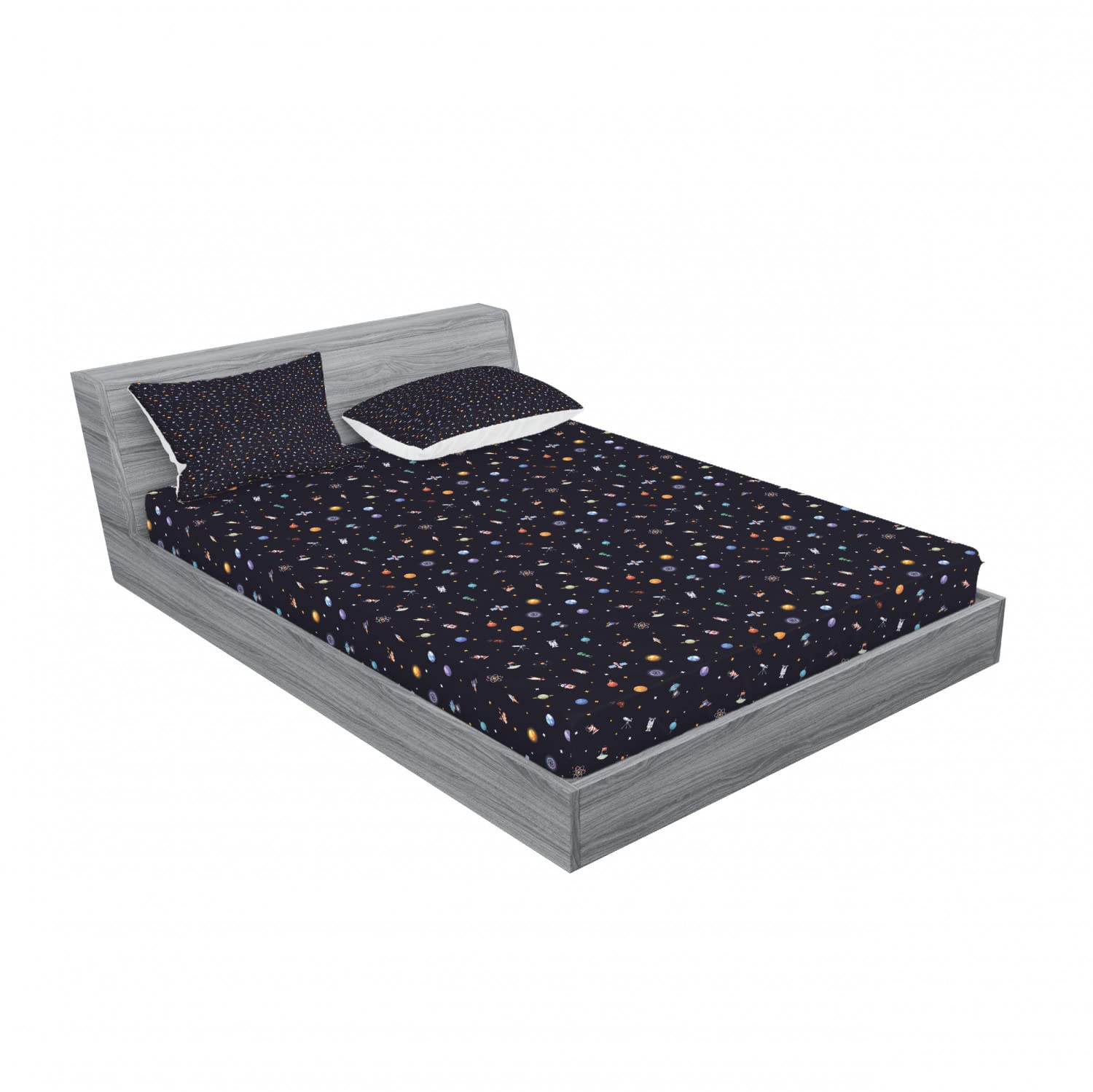 Ambesonne Spaceship 2-Piece King Size Fitted Sheet Set with 4 Pillow Shams - Stars, Aliens & Planets Themed Bedding Decor for Sci-Fi Lovers - Perfect for Kids Rooms, Space Themed Bedrooms & Gift Giving