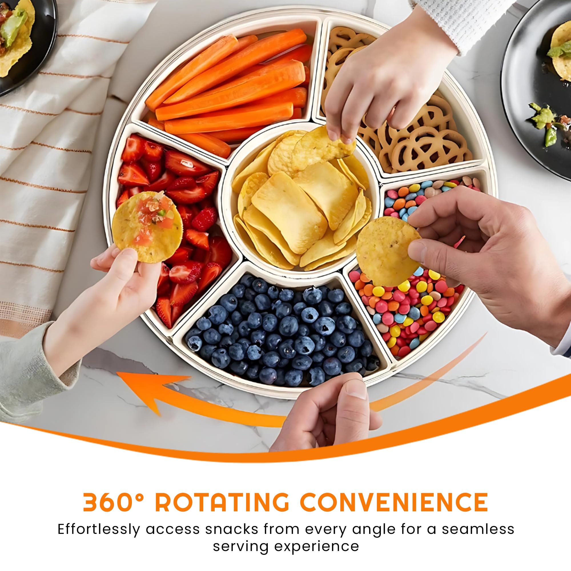 Rotating Snack Box Container - Large Divided Serving Tray with Lid for Kids | Mess-Free Snack Spinner Organizer | Veggie & Fruit Storage Tray for Fridge | Perfect for Parties, School Lunches & Healthy Snacking at Home