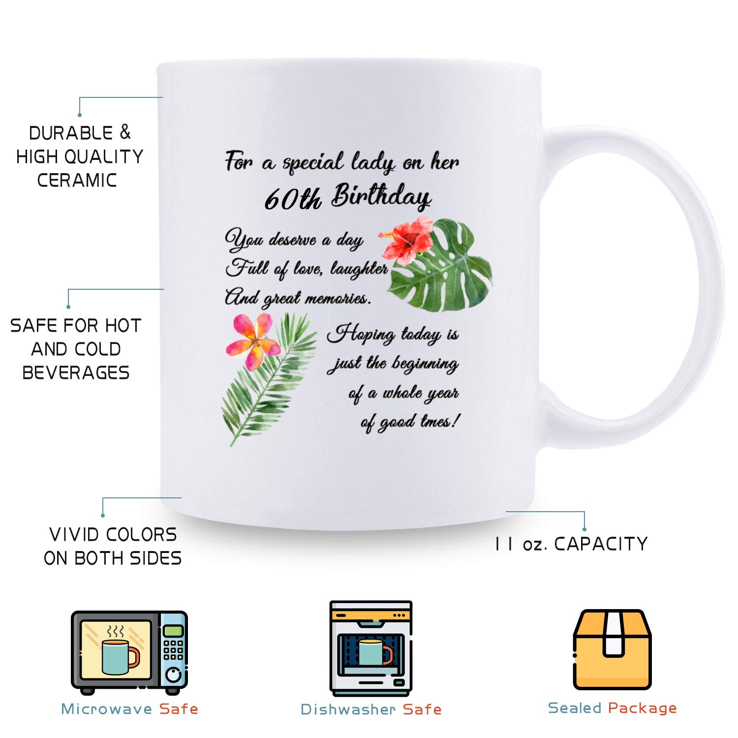 60th Birthday Coffee Mug for Women - 11 oz Ceramic Gift for Mom, Sister, Best Friend, Wife, Daughter - Perfect for Celebrating Milestone Birthdays & Special Occasions