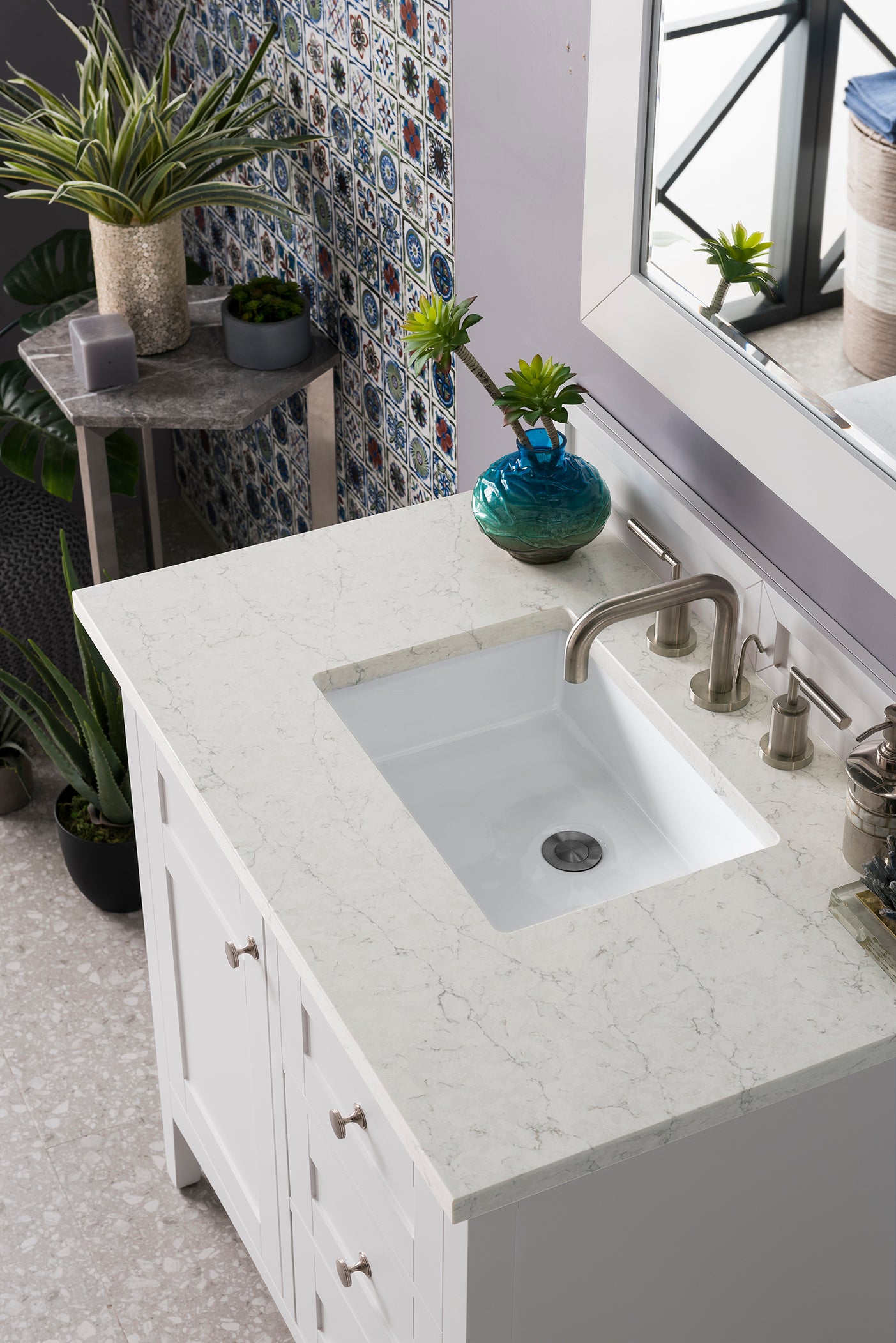 Palisades 36 Inch Single Bathroom Vanity Set with 3CM Eternal Jasmine Pearl Quartz Top - Bright White Finish for Modern Bathrooms | Perfect for Master Bath, Guest Bath, or Powder Room Renovations