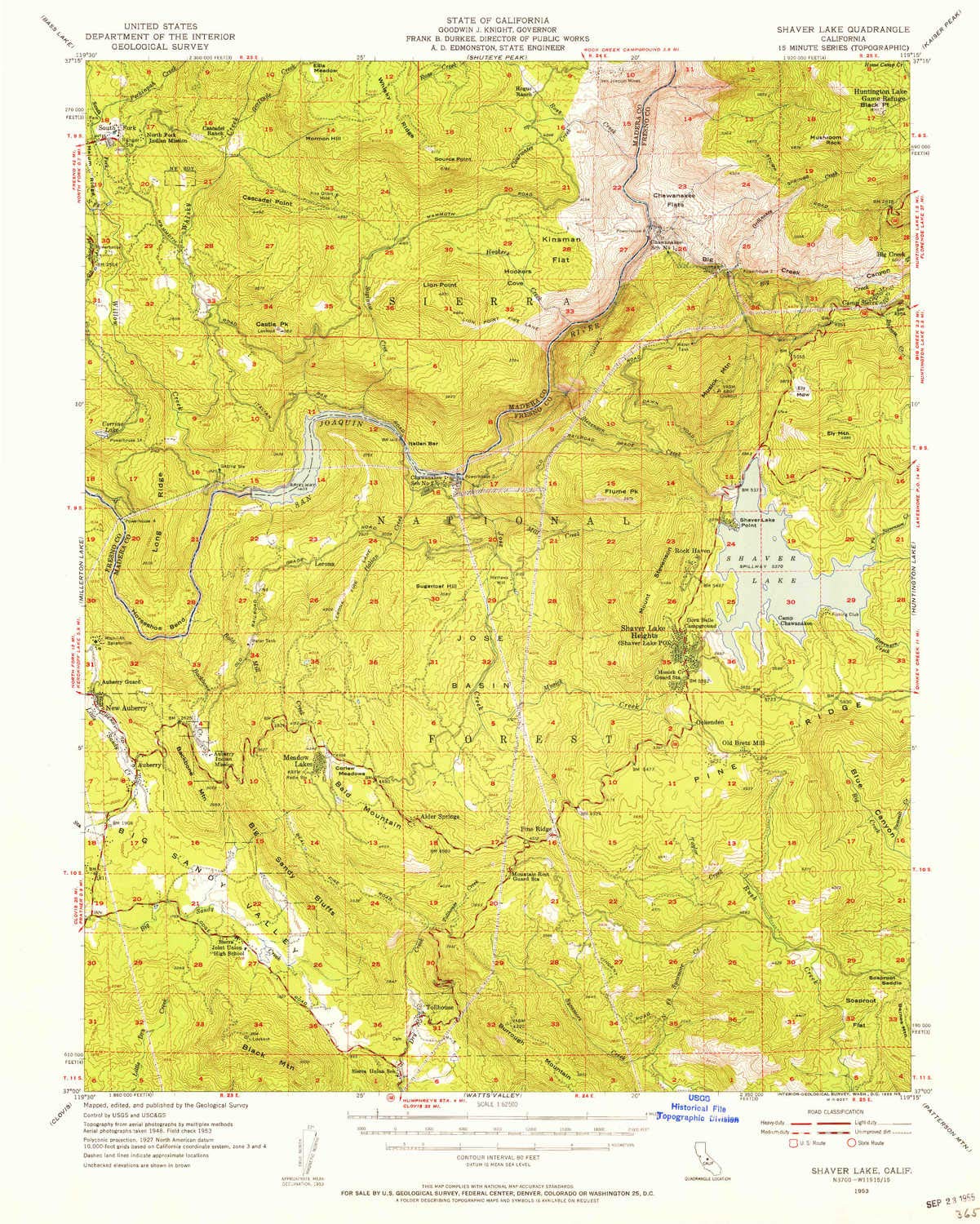 Vintage Shaver Lake CA Topographic Map - 1:62500 Scale, 15' X 15' Minute Quadrangle, Historical 1953 Edition (Updated 1955) - 20.8 x 16.6 Inches - Perfect for Hiking, Camping & Outdoor Exploration in Sierra Nevada