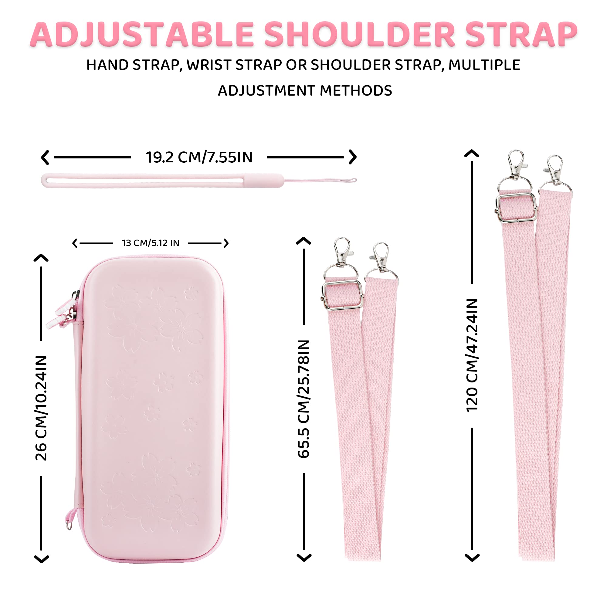 Premium Nintendo Switch OLED Accessories Bundle - Hard Shell Carrying Case with Screen Protector, 4 Thumb Grips & Shoulder Strap for Switch OLED & Joy-Con Controllers (Pink) - Perfect for Travel, Gaming On-The-Go & Console Protection