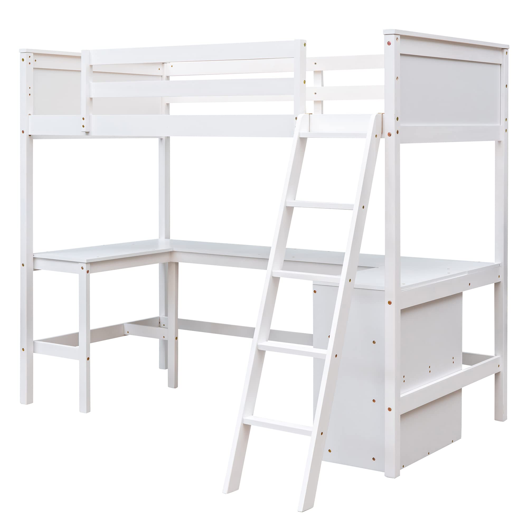 P PURLOVE Twin Loft Bed Frame with Shelves & Desk - Sturdy Wood Loft Bed for Teens, Kids & Adults - Space-Saving Design with Angled Ladder - No Box Spring Needed (White) - Perfect for Small Bedrooms, Dorms & Studio Apartments