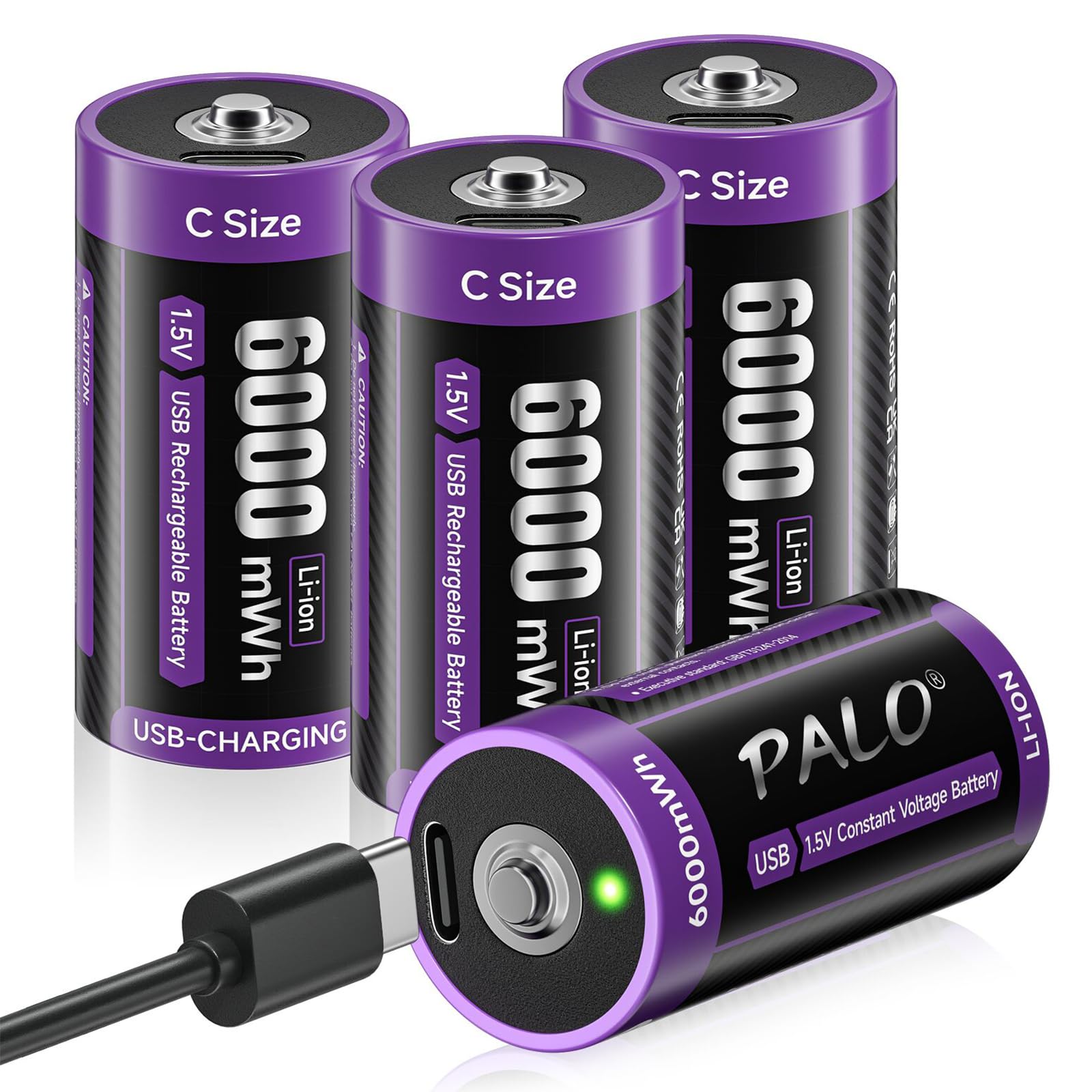 4-Pack 1.5V Lithium C Rechargeable Batteries - 6000mWh Li-ion C Cell Batteries with 2-in-1 USB-C Charging Cable | Long-Lasting Power for Flashlights, Toys, Clocks & Office Electronics | Household & Commercial Use