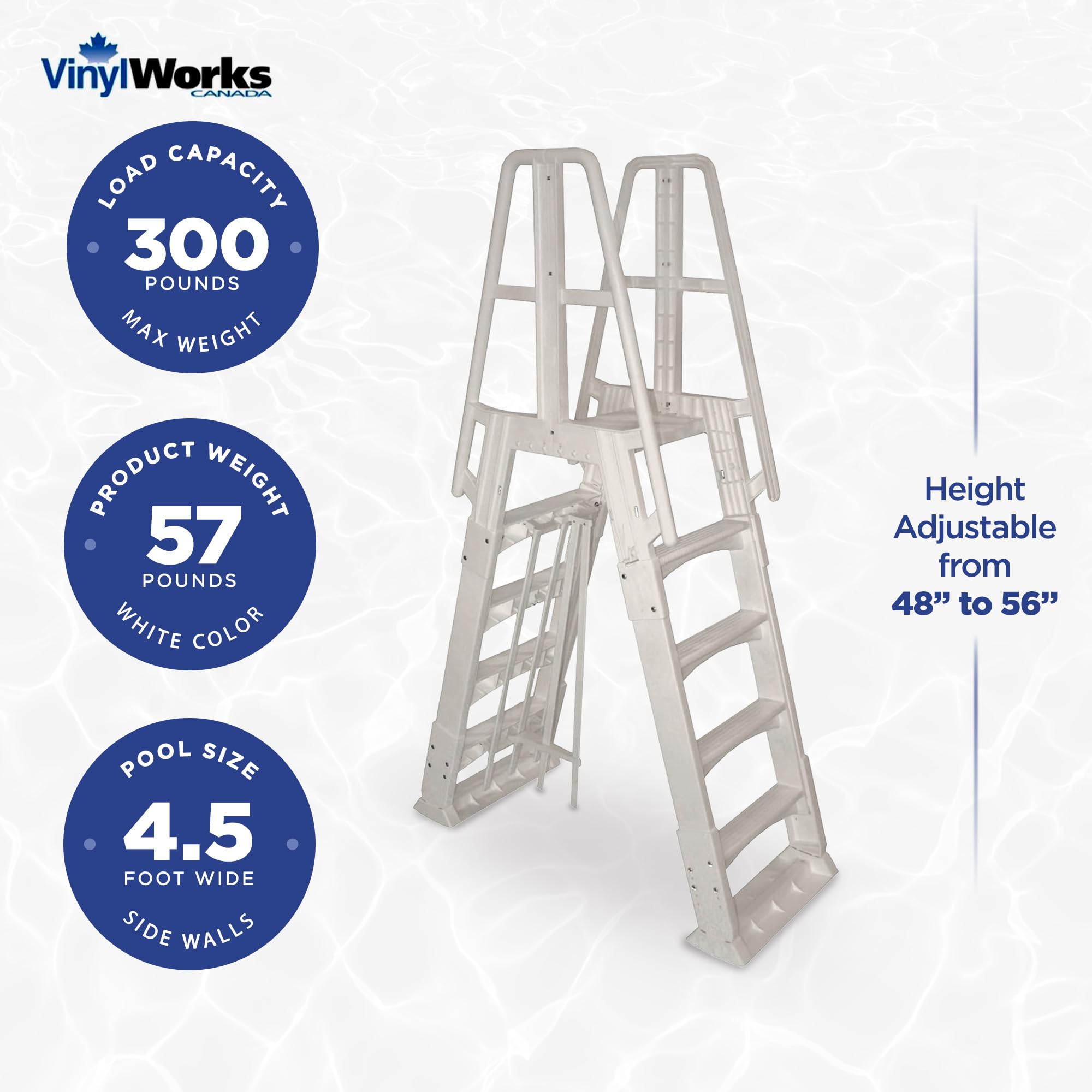 Vinyl Works SLA A-Frame 48-56 Inch Adjustable Above Ground Pool Ladder with Slide Lock Safety Barrier & Handrails - White | Easy Entry/Exit for Inground & Above Ground Swimming Pools | Perfect for Backyard, Family Use & Summer Fun