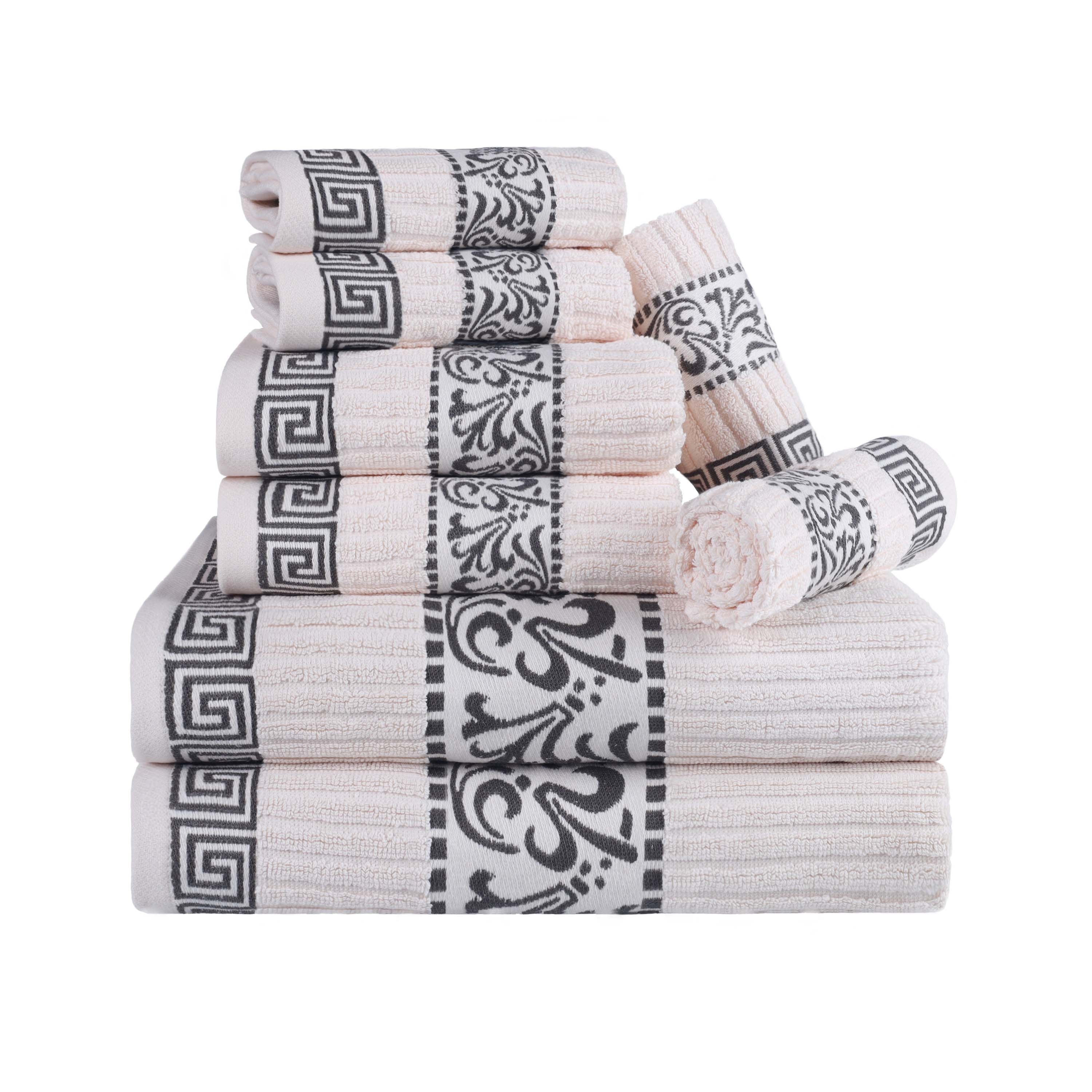 Premium 8-Piece Cotton Towel Set with Greek Scroll & Floral Design - Soft Bath Towels, Hand Towels & Washcloths - Perfect for Bathroom, Spa & Luxury Home Decor
