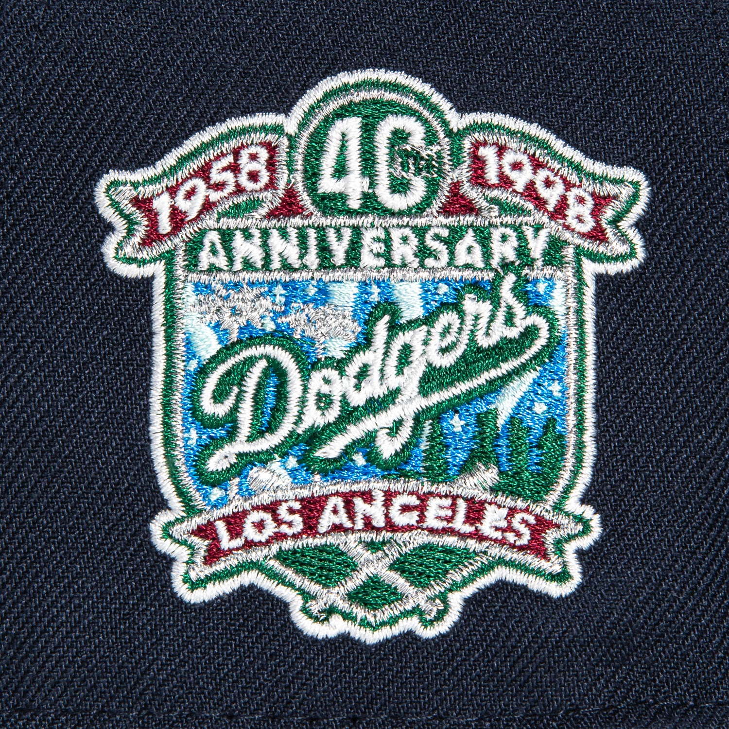 New Era 59Fifty Los Angeles Dodgers 40th Anniversary Patch Winter Forest Script Baseball Cap - Navy, Green, Cardinal - Perfect for Baseball Games, Fan Collections & Winter Outdoor Activities