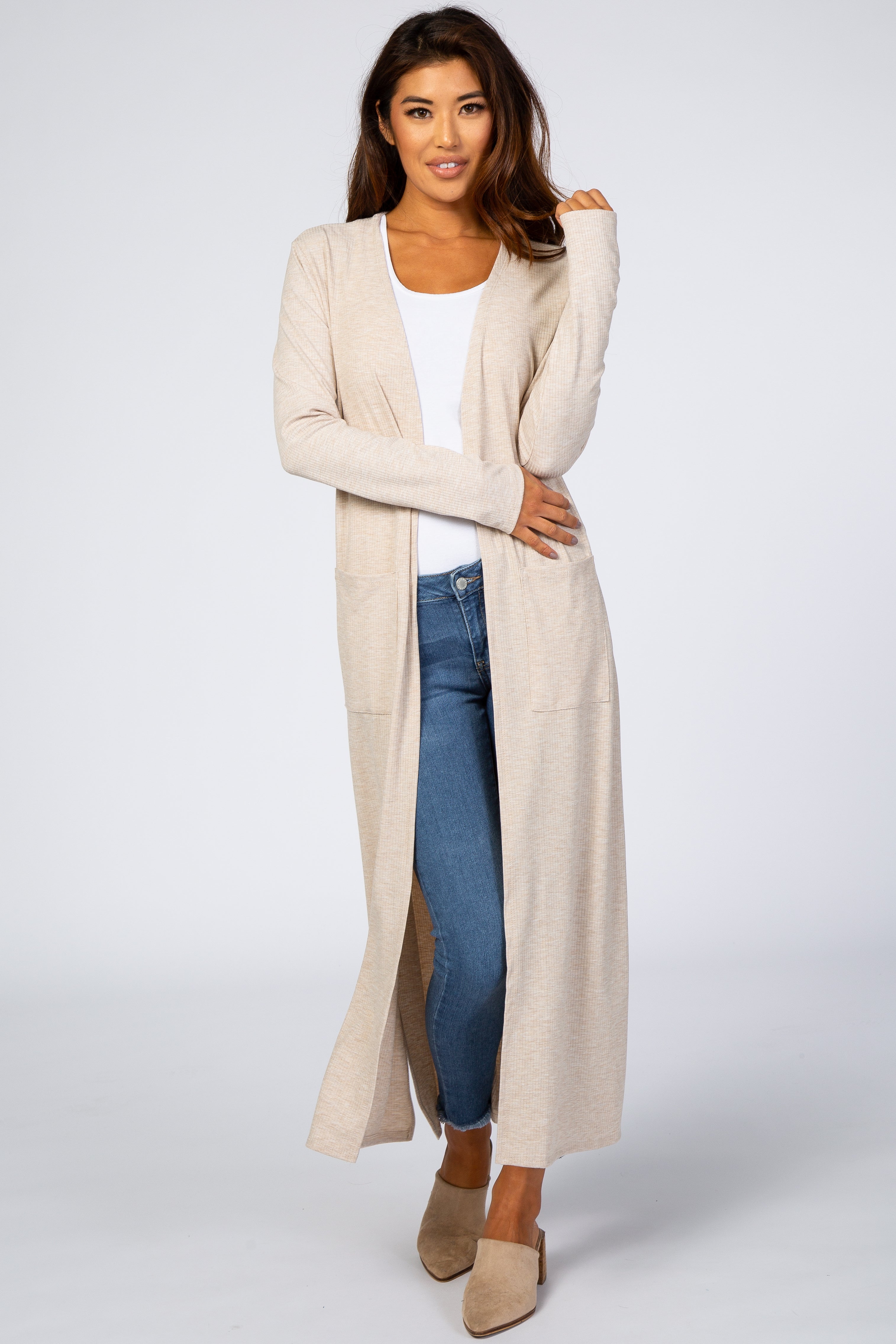 Beige Ribbed Long Sleeve Duster Cardigan for Women - Cozy Open Front Knit Sweater Wrap - Perfect for Fall, Winter & Layering Outfits