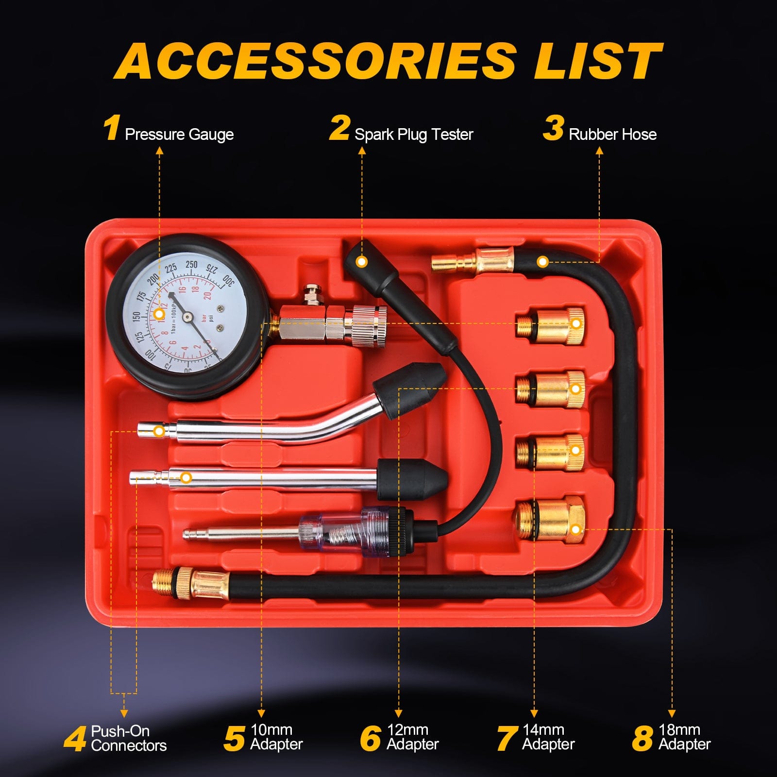 9PCS Petrol Gas Engine Cylinder Compression Tester Kit - Professional Automotive Diagnostic Tool for Motorcycle, ATV, Small Engine - Perfect for Mechanics & DIY Enthusiasts