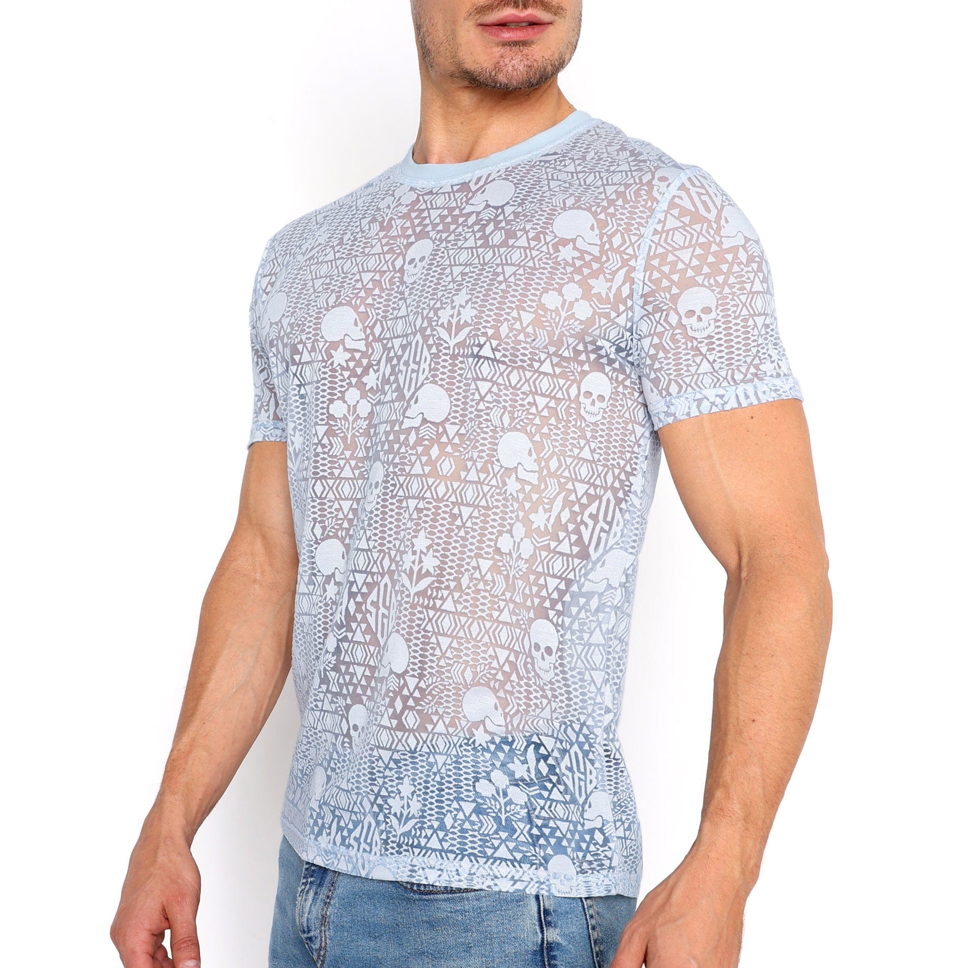 Skull & Bones Burnout Vintage T-Shirt - Distressed Blue Graphic Tee for Men | Gothic Streetwear, Casual Outfit & Festival Fashion