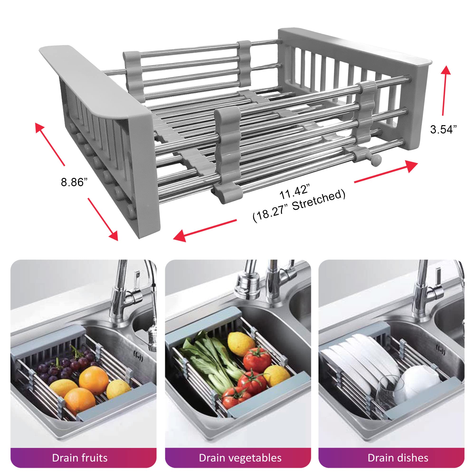 Expandable Stainless Steel Sink Drying Rack - Adjustable Dish Drainer Basket for Kitchen Countertop | Space-Saving Over Sink Organizer for Dishes, Utensils & Cookware | Perfect for Small Kitchens & RV Use