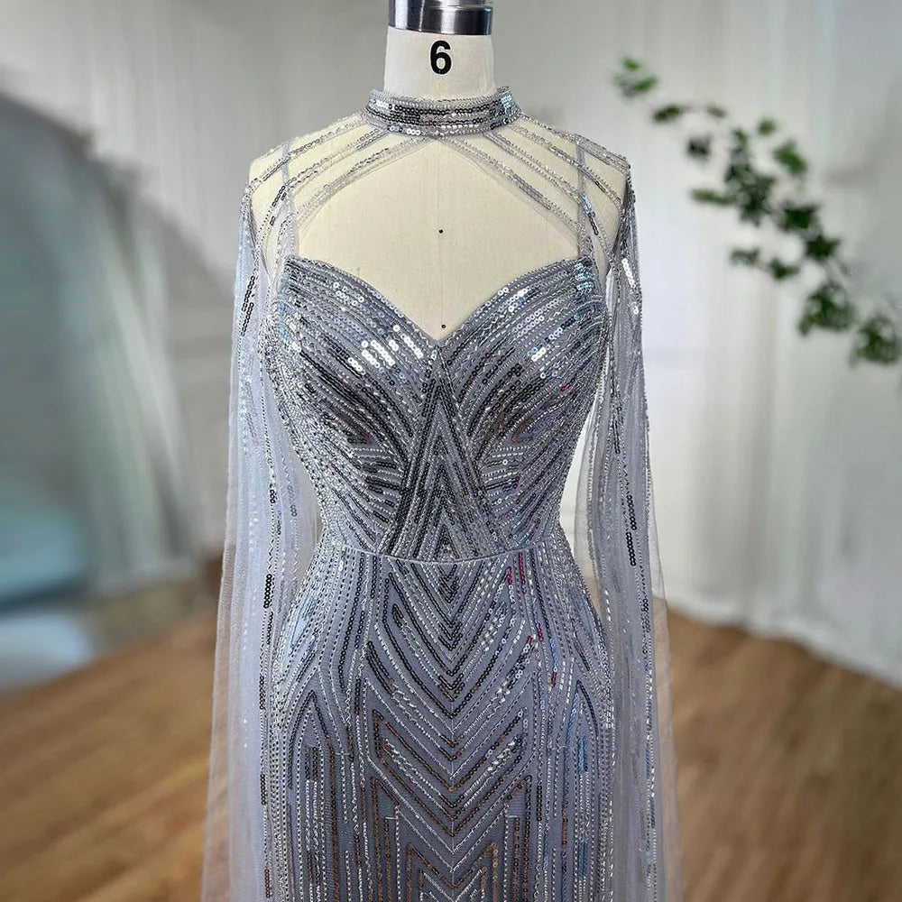 Elegant Silver Cape Sleeve Mermaid Evening Gown with High Slit & Beaded Details - Women's Formal Party Dress for Prom, Gala & Special Occasions - LA72137