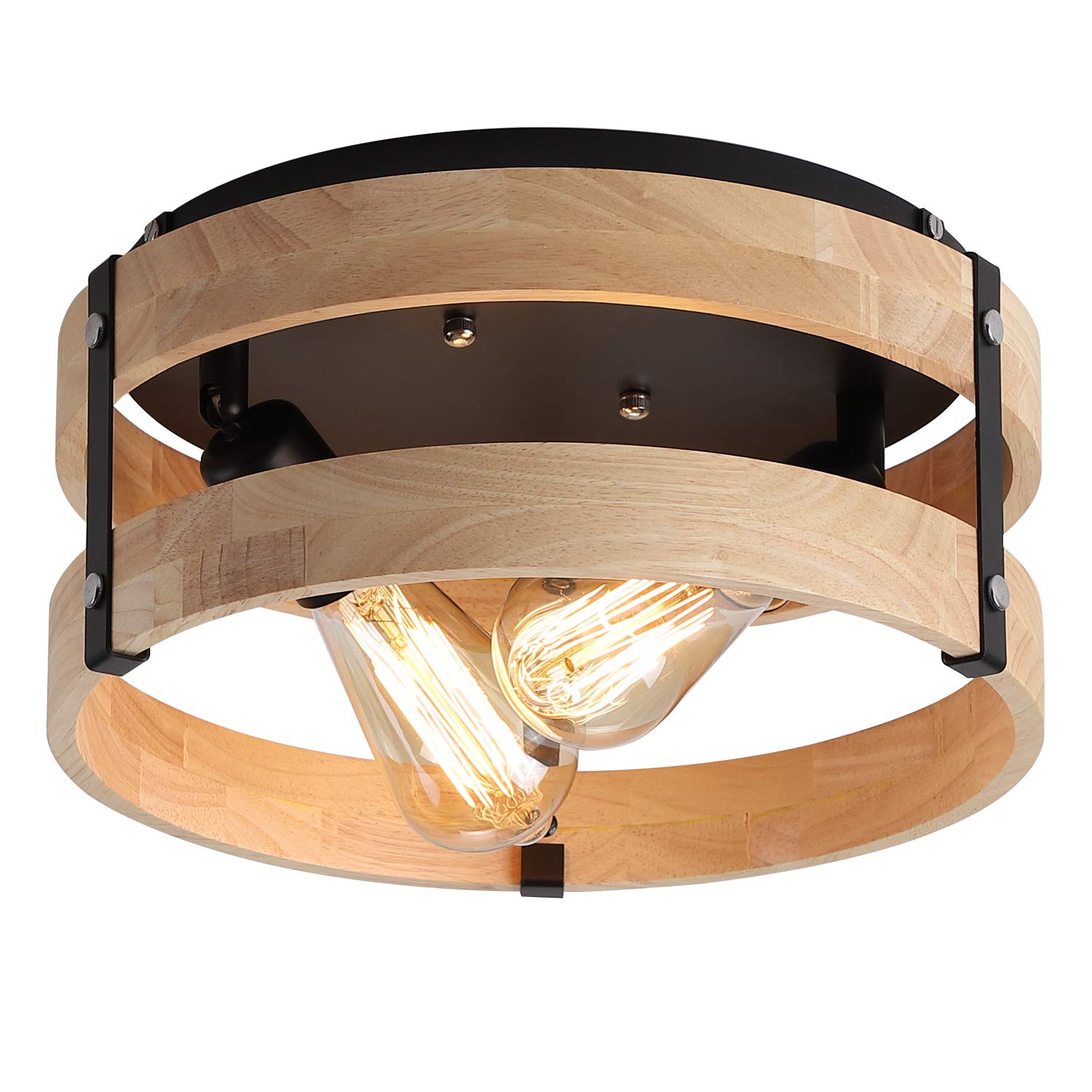 Modern Farmhouse Flush Mount Ceiling Light - 2-Light Round Drum Fixture with Rustic Wood & Black Metal - Perfect for Hallway, Bedroom, Kitchen & Entryway Lighting - Warm Light Yellow Wood Finish for Cozy Home Decor