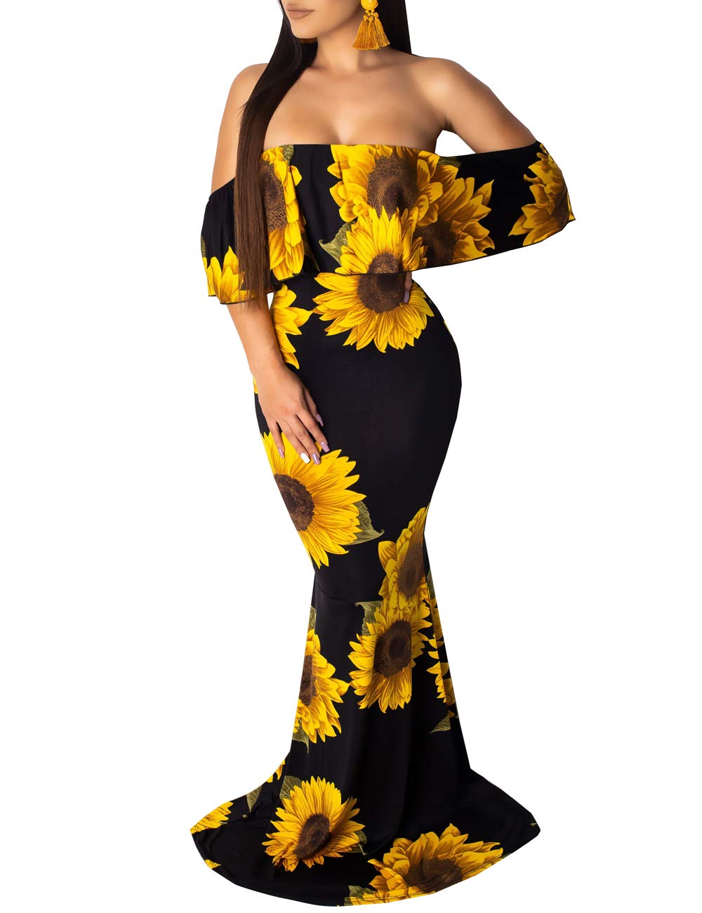 Sexy Women's Off Shoulder Maxi Dress - Hawaiian Floral Print Long Party Dress for Beach, Vacation & Summer Events