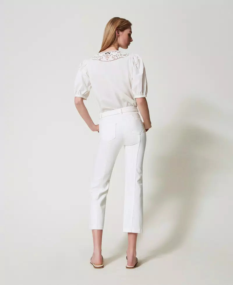 Bull Cropped Trousers - White Denim Women's High Waist Stretch Jeans for Casual Outfits & Summer Fashion
