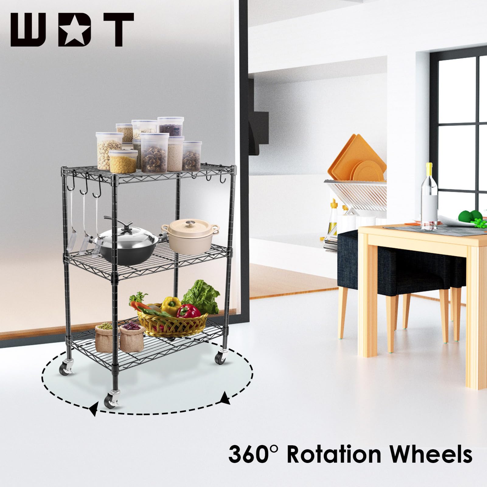 3-Tier Heavy Duty Metal Storage Shelves - Adjustable Wire Rack Shelving Unit with Wheels, 23.4