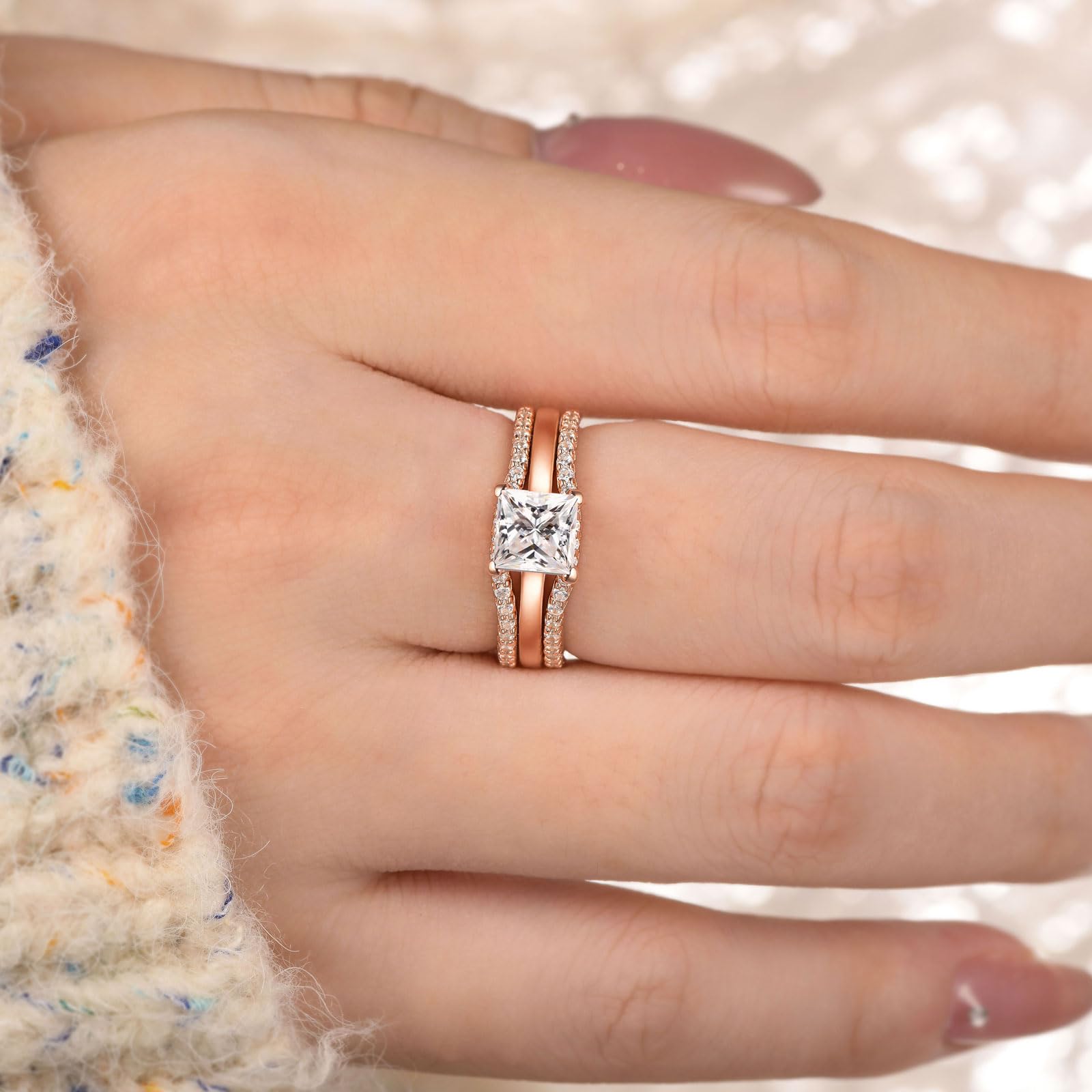 Princess Cut CZ Engagement Ring Set with Wedding Band & Ring Enhancer - Sterling Silver Sizes 5-12 | Perfect for Proposals, Anniversaries & Bridal Jewelry