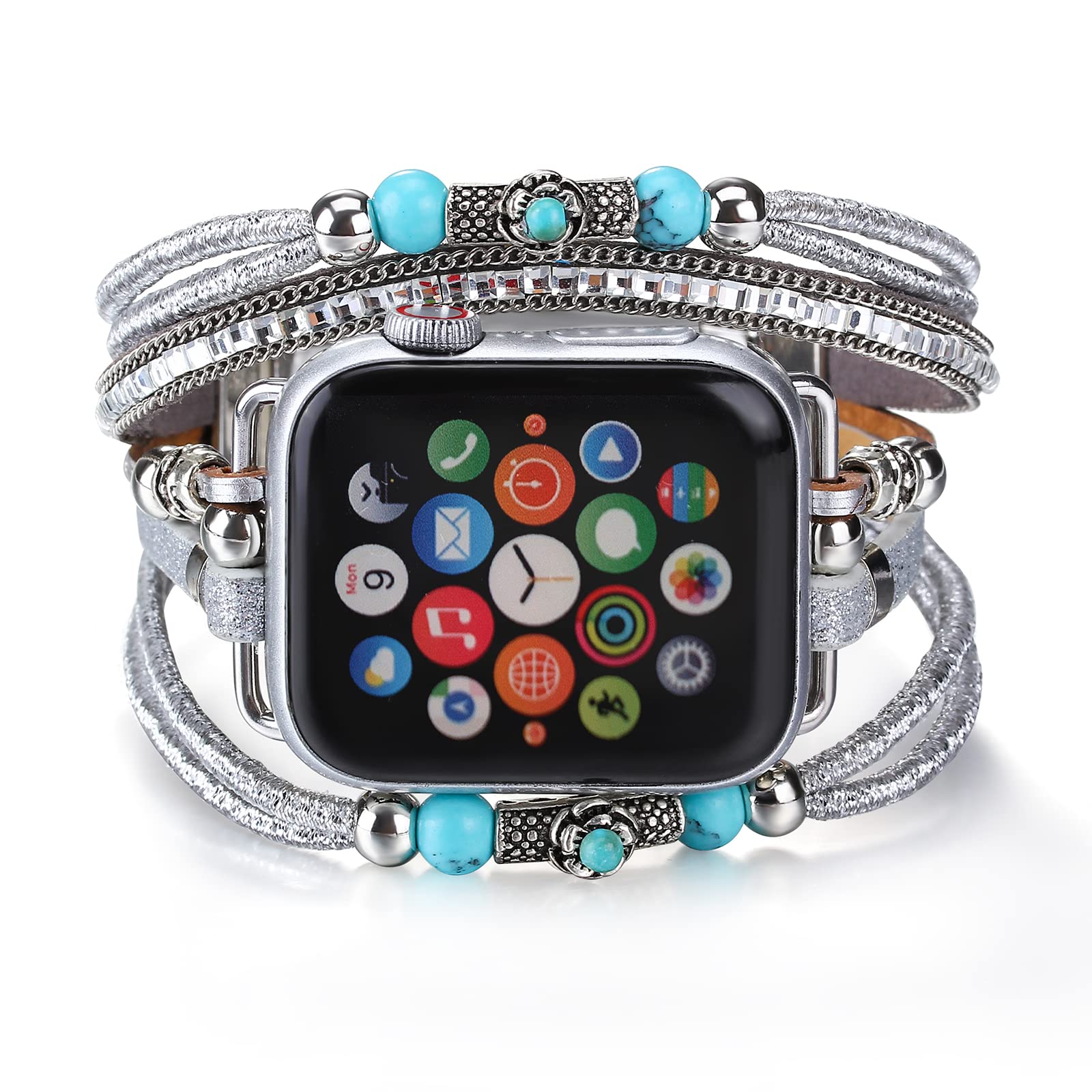 Boho Leather Apple Watch Band Compatible with Series 10/9/8/7/6/SE/Ultra 2/5/4/3/2/1 - Adjustable Wrap Strap for 38mm 40mm 41mm 42mm 44mm 45mm 46mm 49mm - Fashionable Unisex Accessory for Work, Travel & Everyday Wear