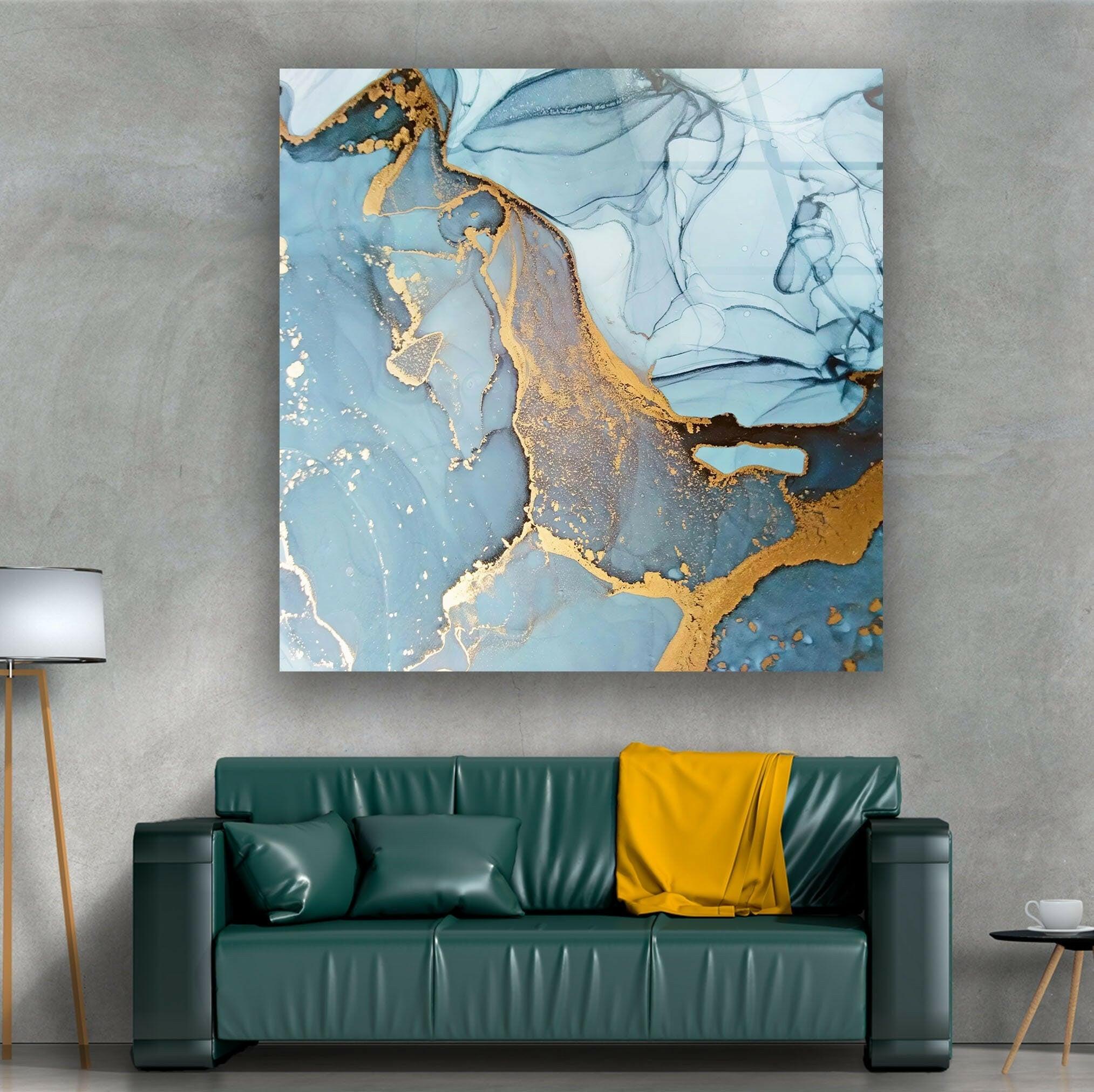 Handmade Aquamarine Alcohol Ink Stained Glass Wall Art - Blue Ocean Themed Abstract Painting for Home & Office Decor