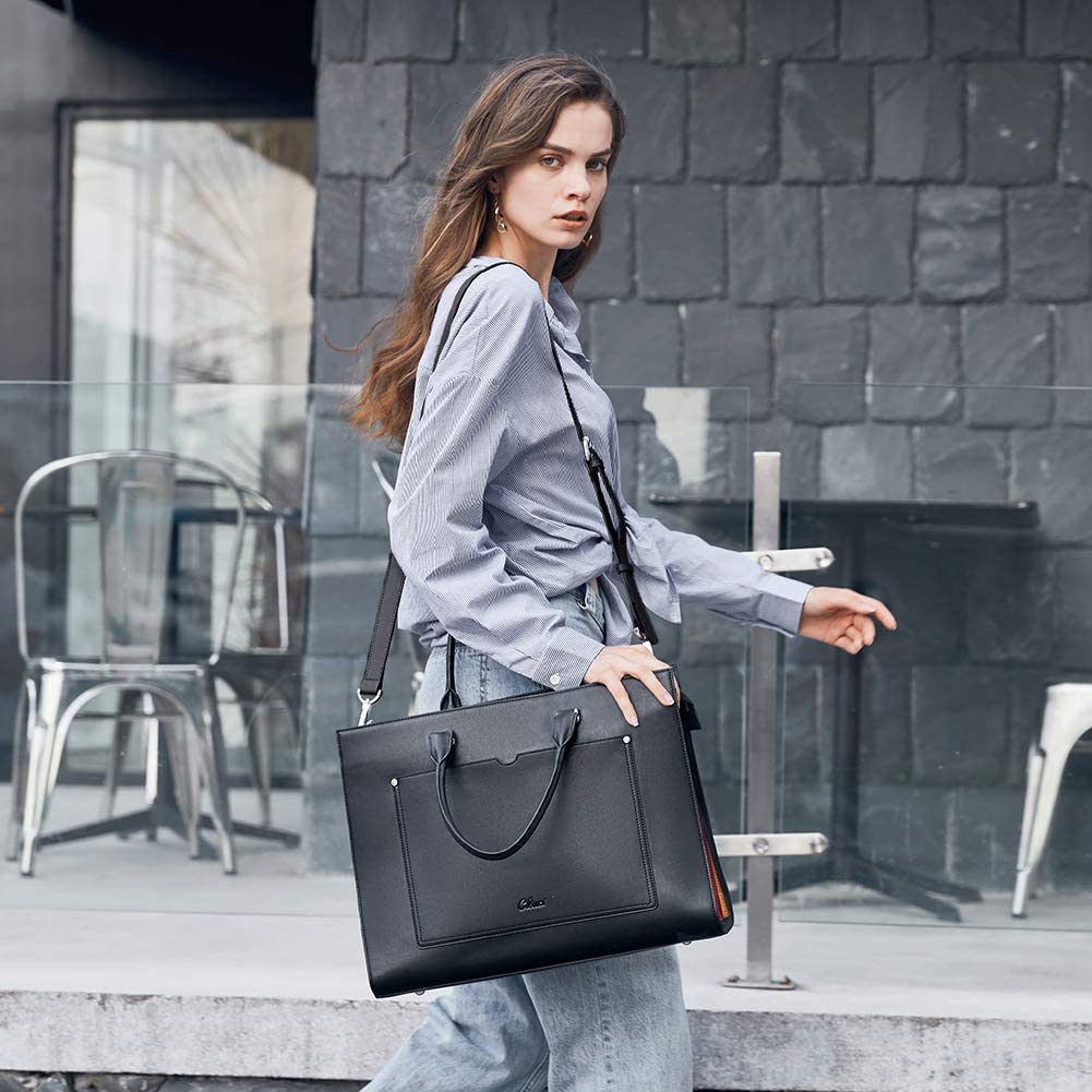 CLUCI Women's Leather Briefcase - Slim 15.6 Inch Laptop Business Shoulder Bag with Large Capacity, Zipper Closure & Card Holder Organizer - Perfect for Office, Travel & Professional Women (Black)