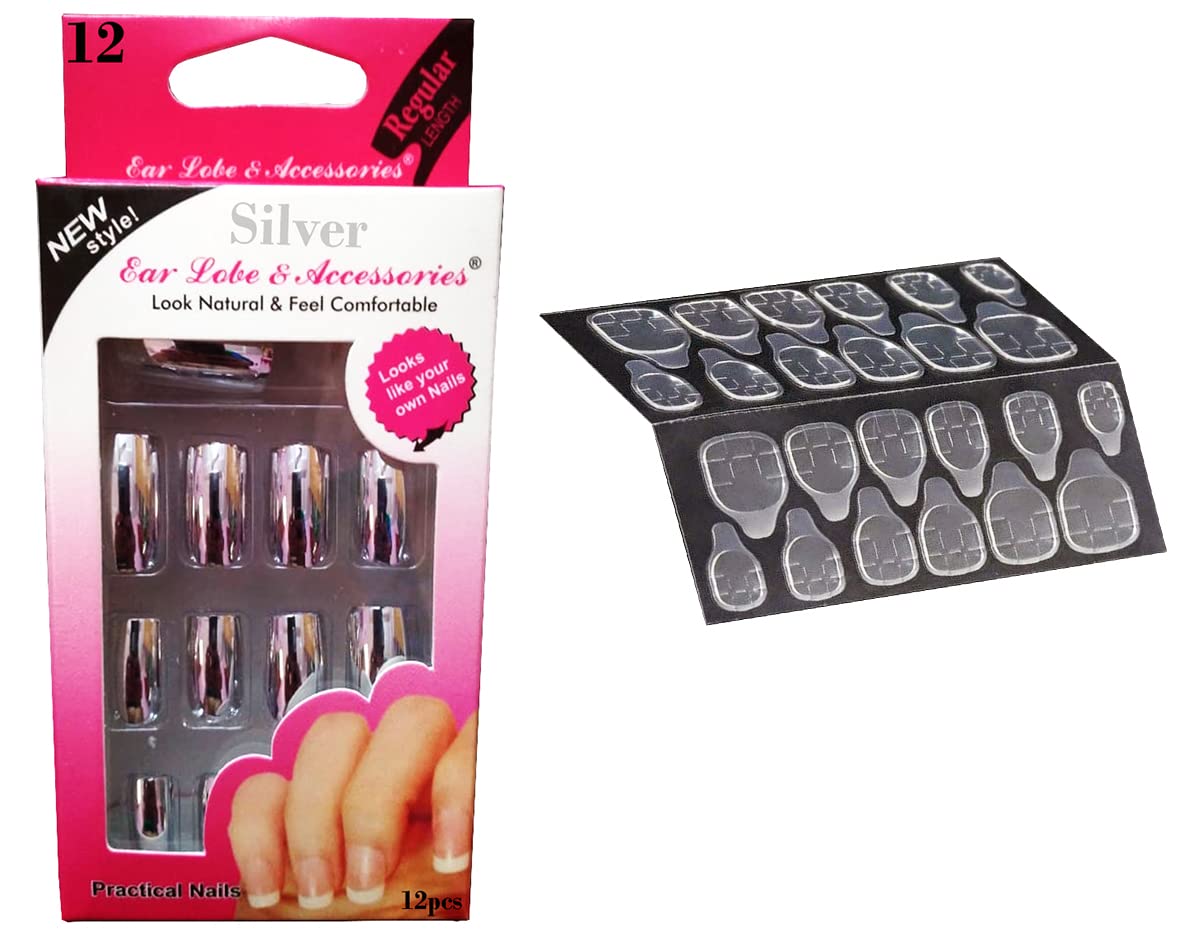 Transparent Ear Lobe Support Tabs & Silver French Fake Nails Set - 24 Adhesive Ear Supports + 12 Press-on Nails for Women | Perfect for Earlobe Repair, Stretching & Nail Art | Salon Quality Beauty Accessories