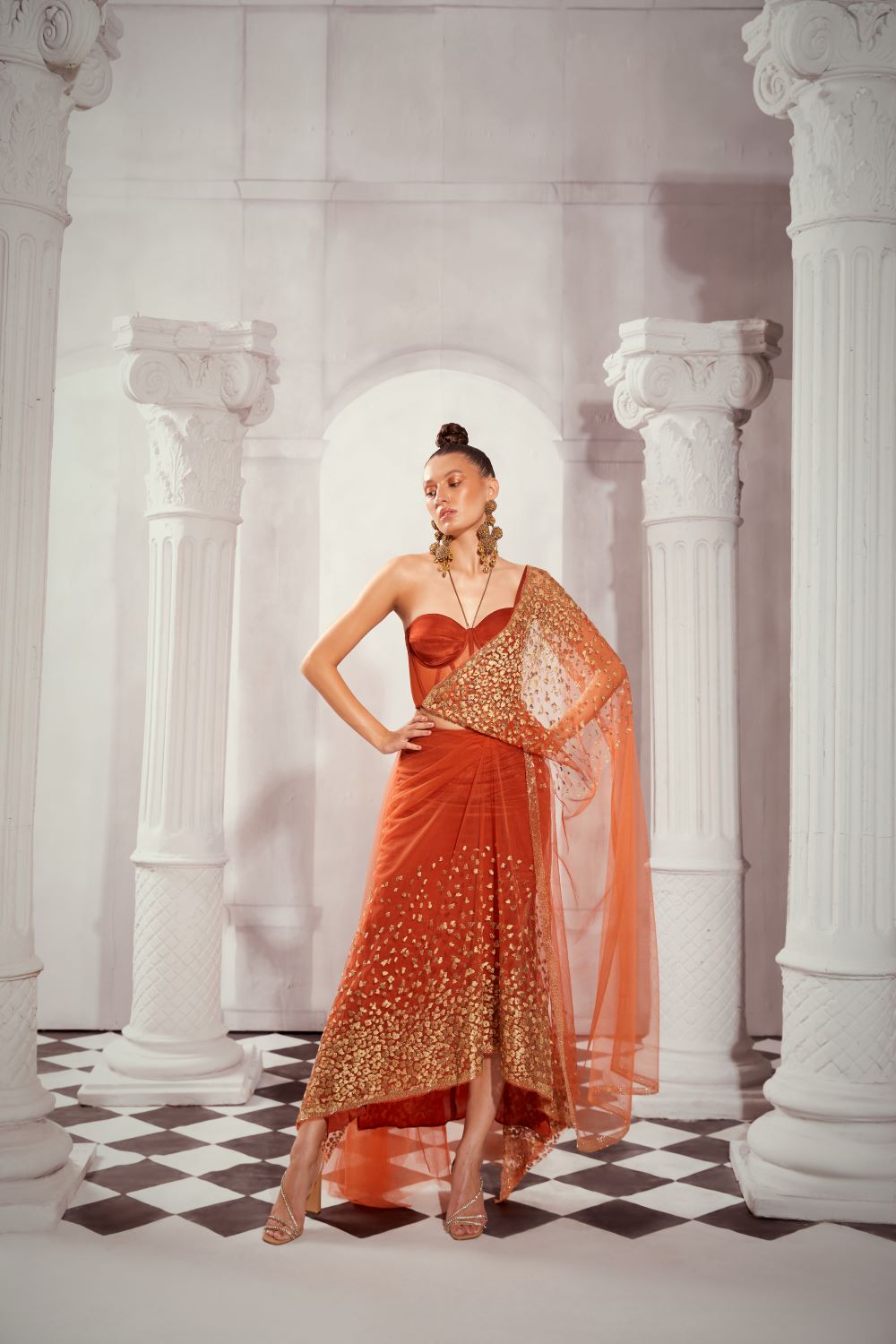 Elegant Leopard Print Aari Embroidered Pre-Draped Saree with Bustier - Perfect for Weddings, Parties & Special Occasions
