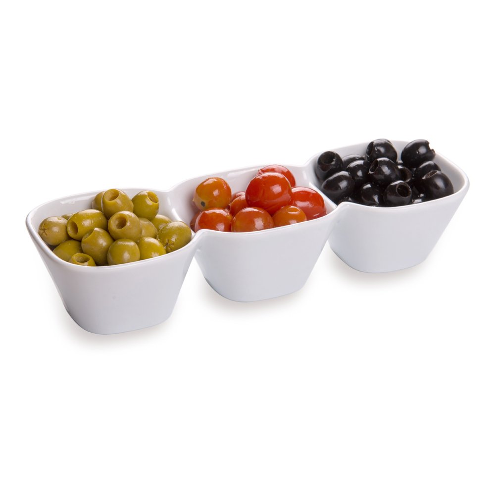 Restaurantware 18oz Triple Bowl Serving Dish - Square Porcelain 3-Section Condiment Tray for Snacks, Dips & Sauces | Perfect for Parties, Buffets, Catering & Home Entertaining | Durable White Porcelain Appetizer Platter