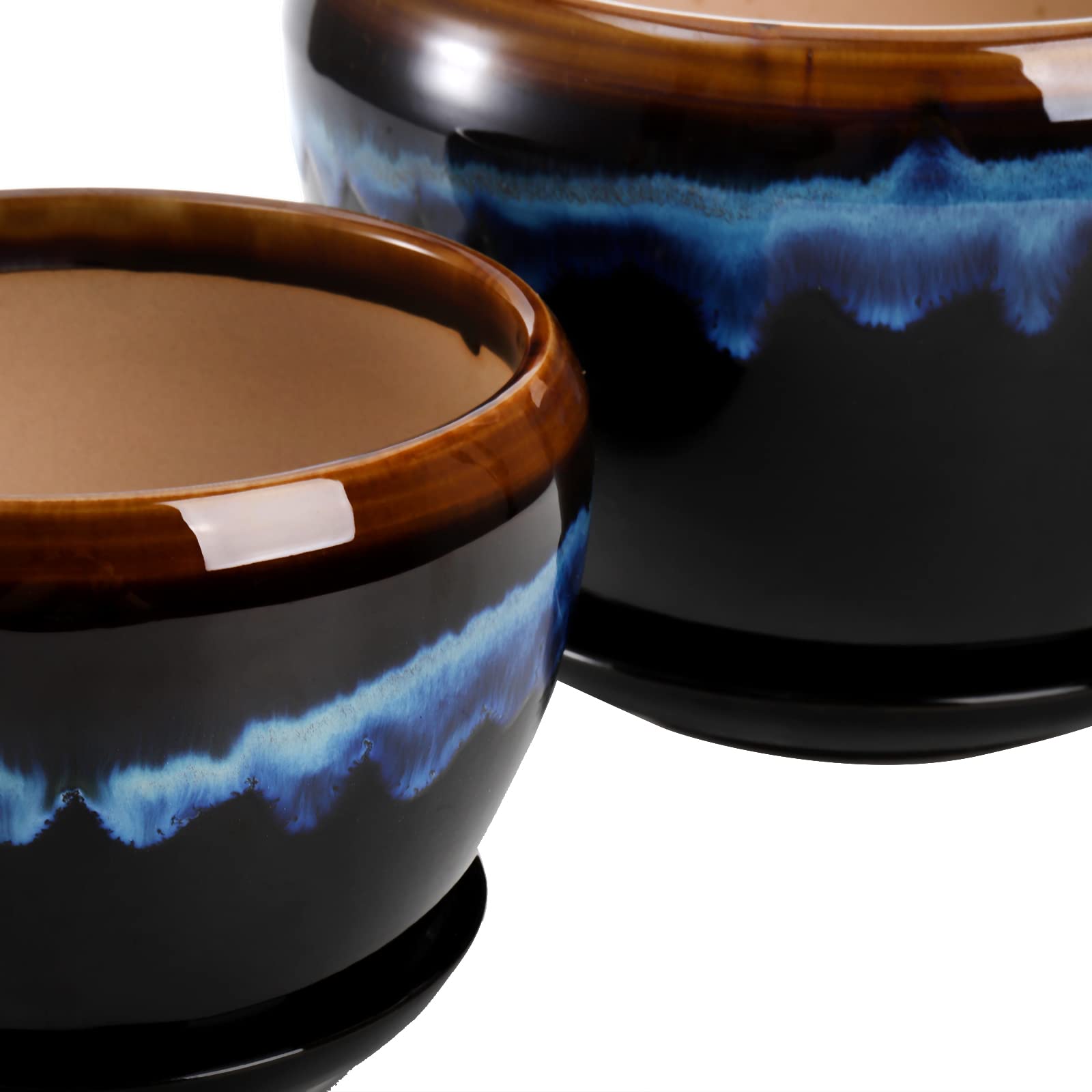 AVLA 3 Pack Ceramic Flower Pots with Drainage Hole & Saucer - Rustic Glazed Planters for Succulents, Herbs, Cactus, Orchid - Indoor Gardening, Home Office & Desktop Decor - Perfect for Windowsill, Kitchen Counter, and Living Room Display